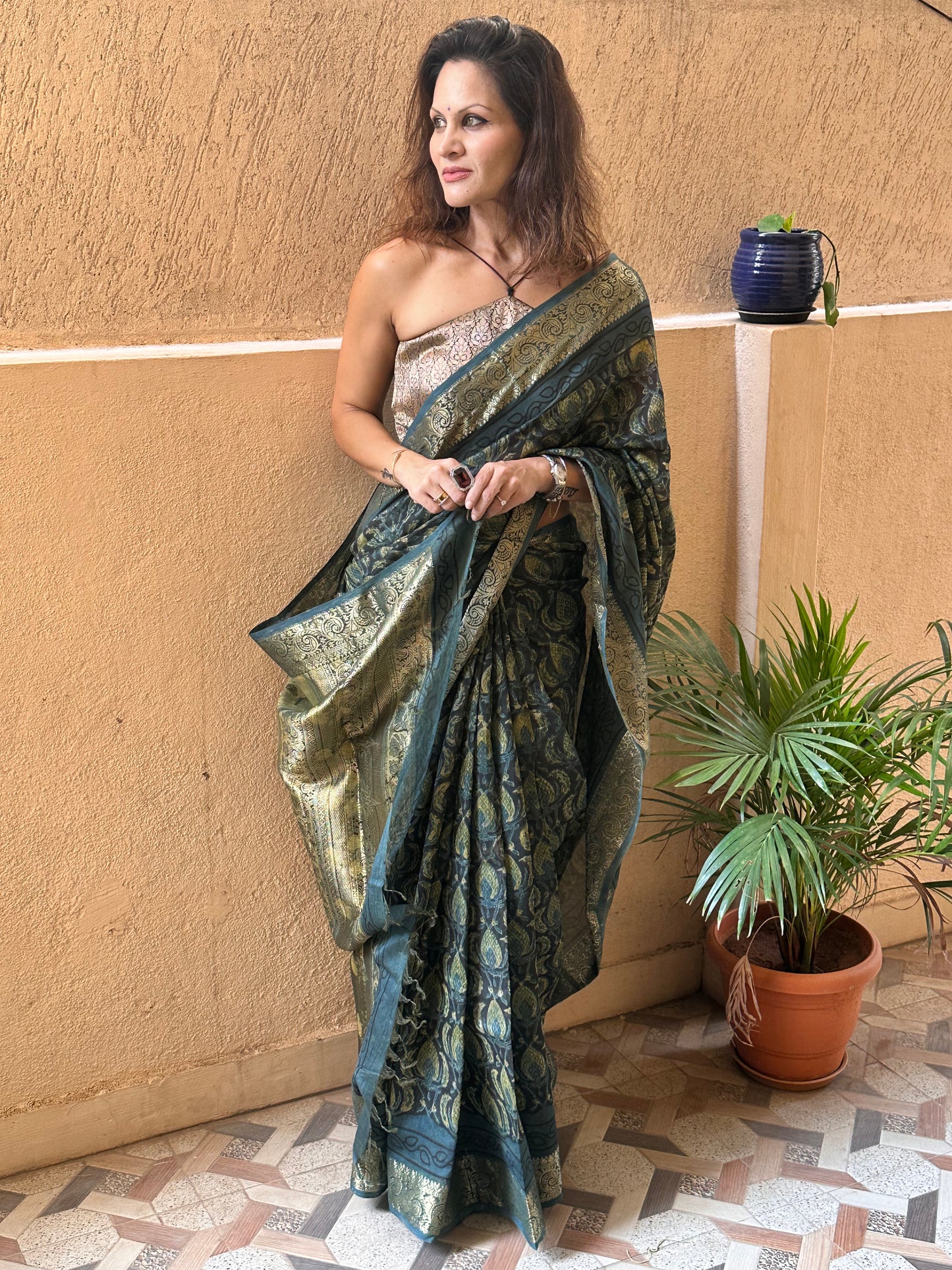 Indigo Green Natural Vanaspati Block Print Maheshwari Sari with Full Zari Pallu