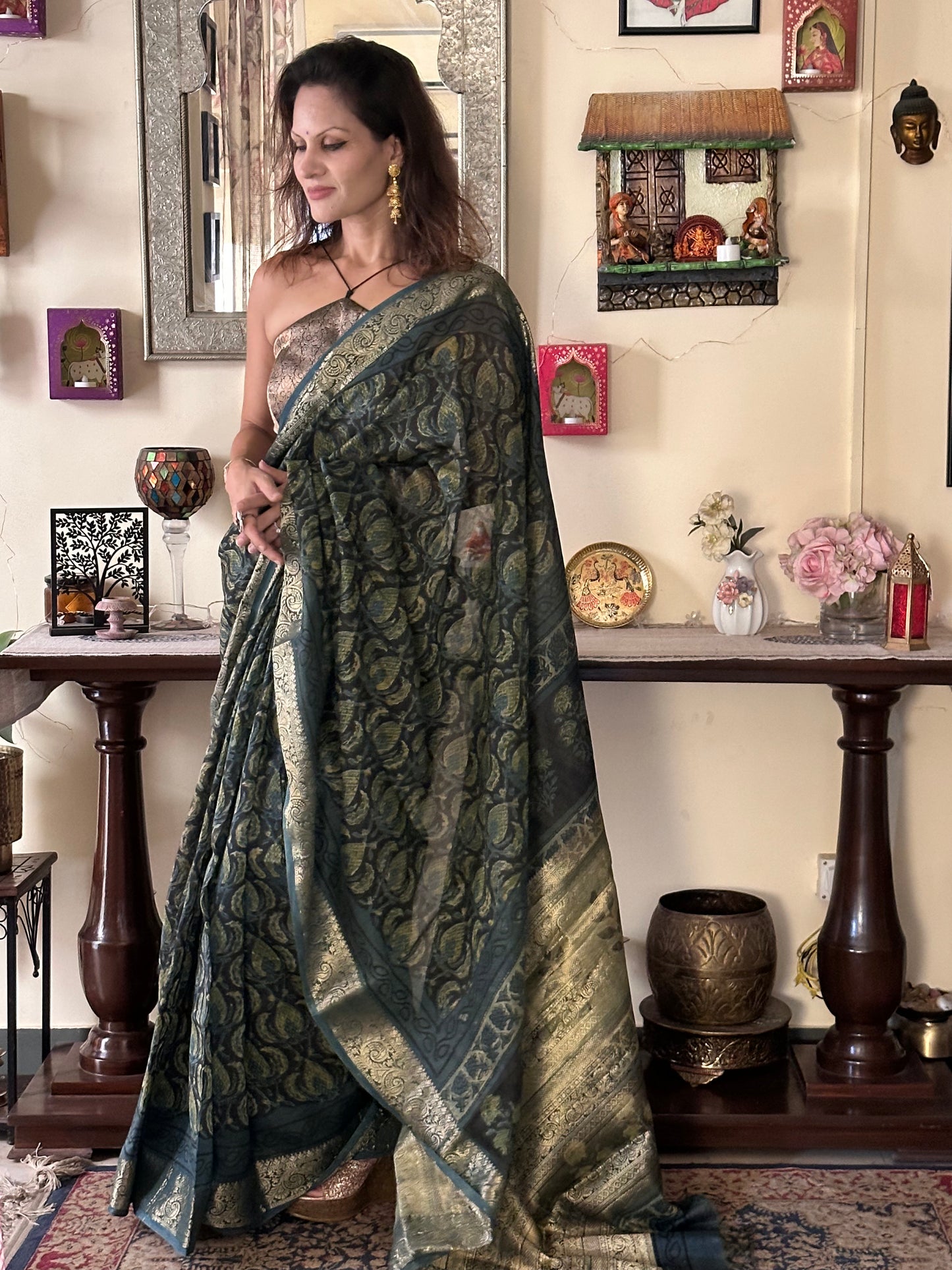 Indigo Green Natural Vanaspati Block Print Maheshwari Sari with Full Zari Pallu