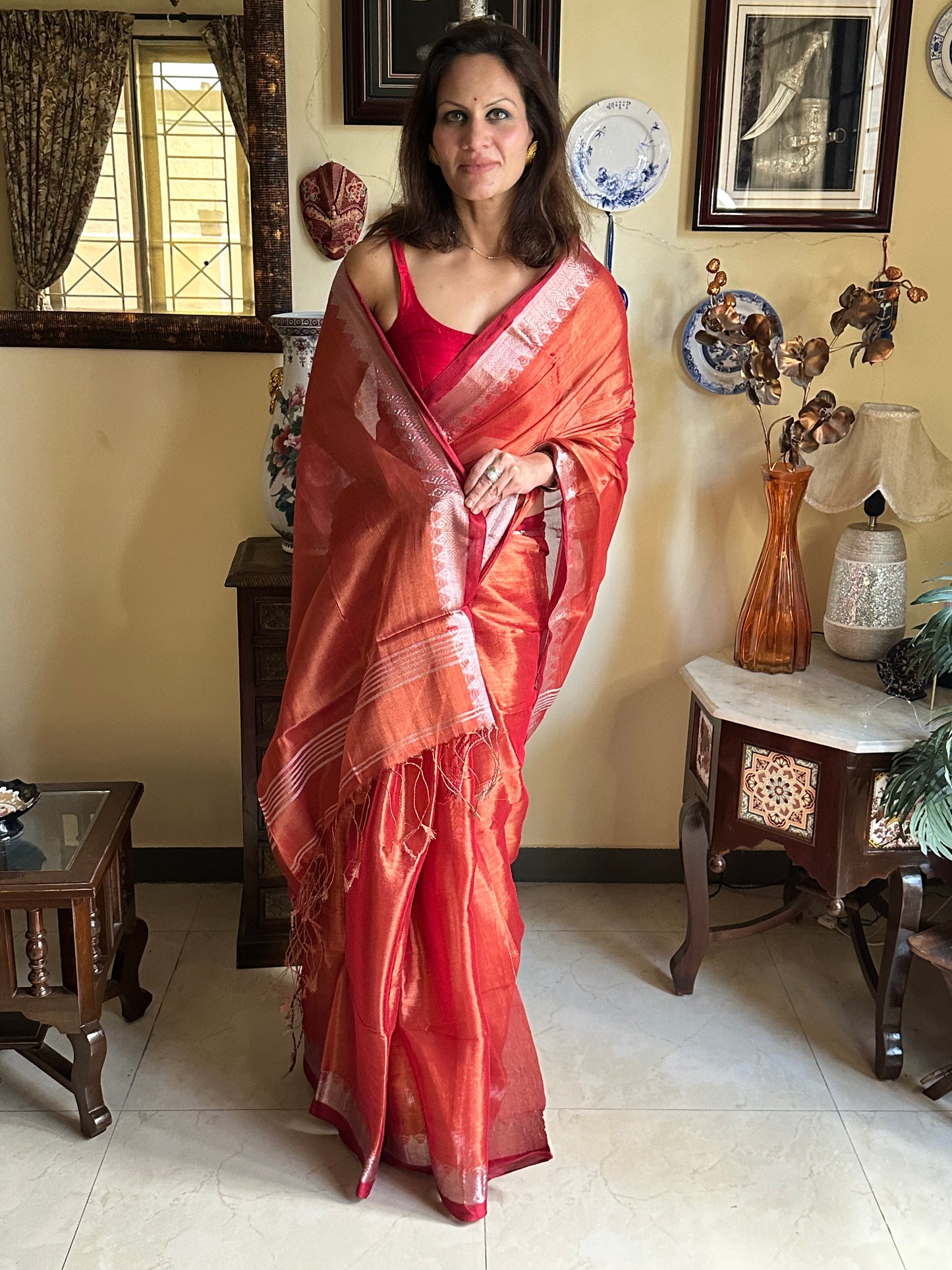 Rust Pure Mul Mul Handwoven Striped Tissue Cotton Sari with Zari Woven Border - Raahini