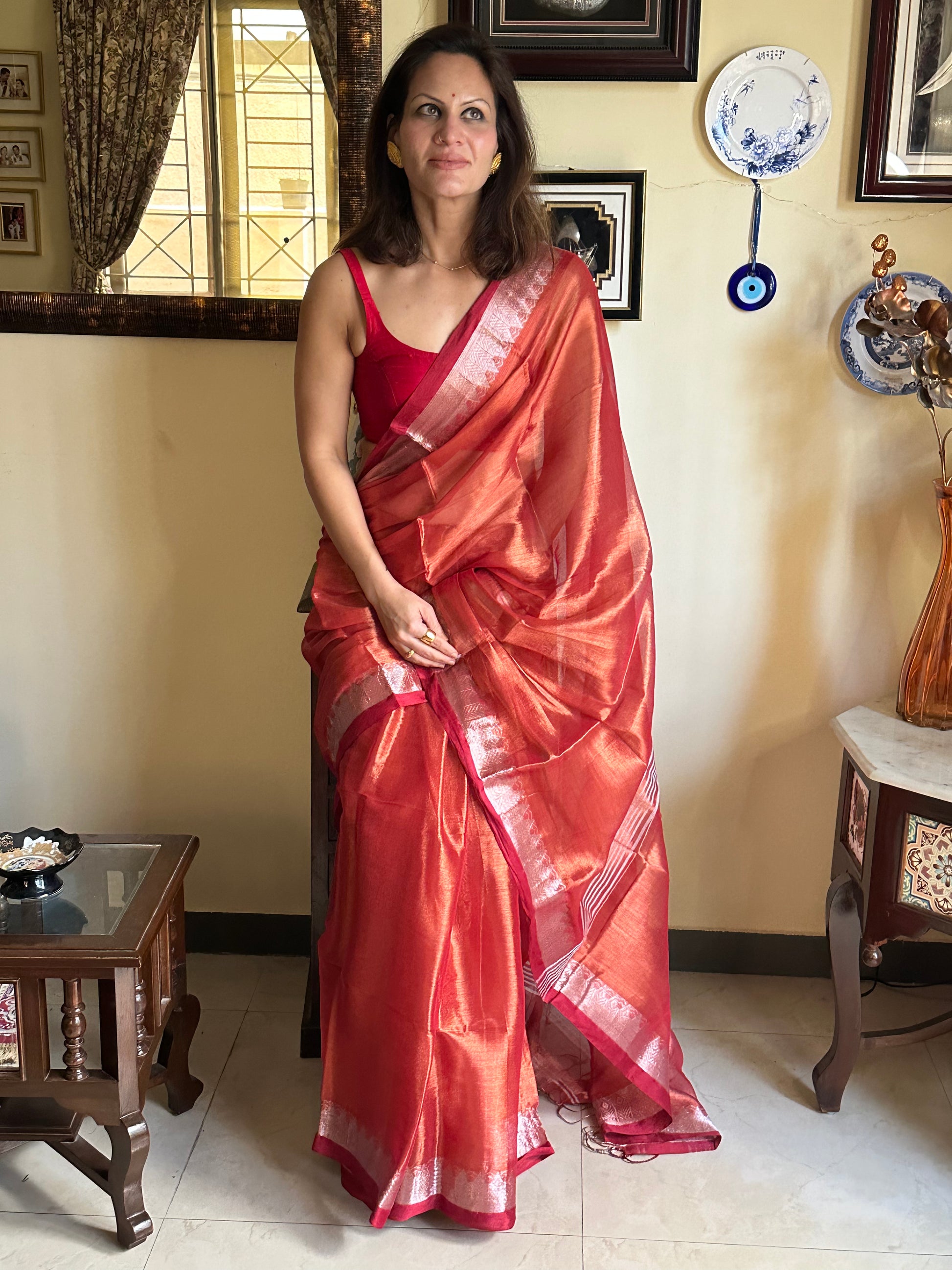 Rust Pure Mul Mul Handwoven Striped Tissue Cotton Sari with Zari Woven Border - Raahini