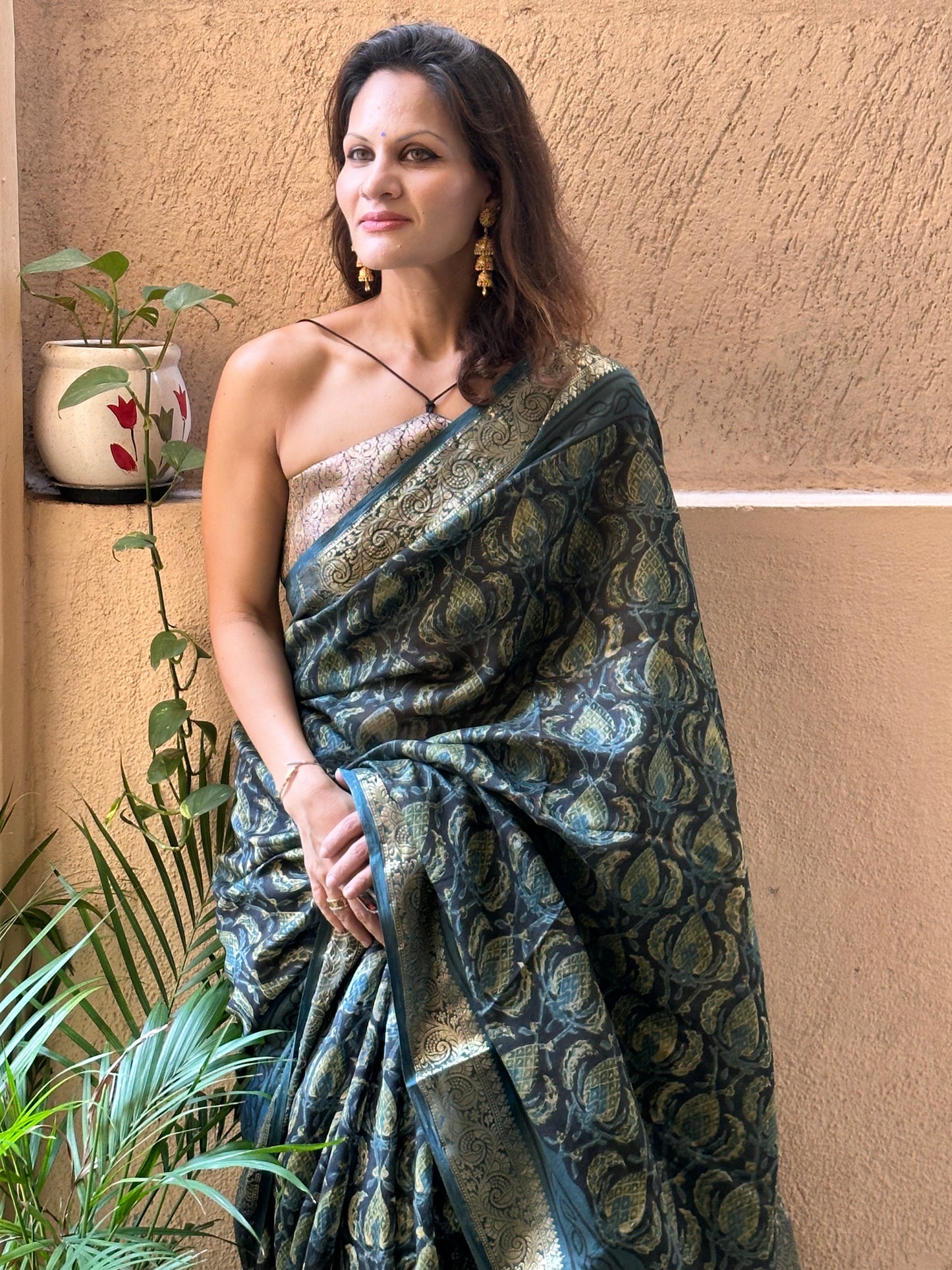 Indigo Green Natural Vanaspati Block Print Maheshwari Sari with Full Zari Pallu