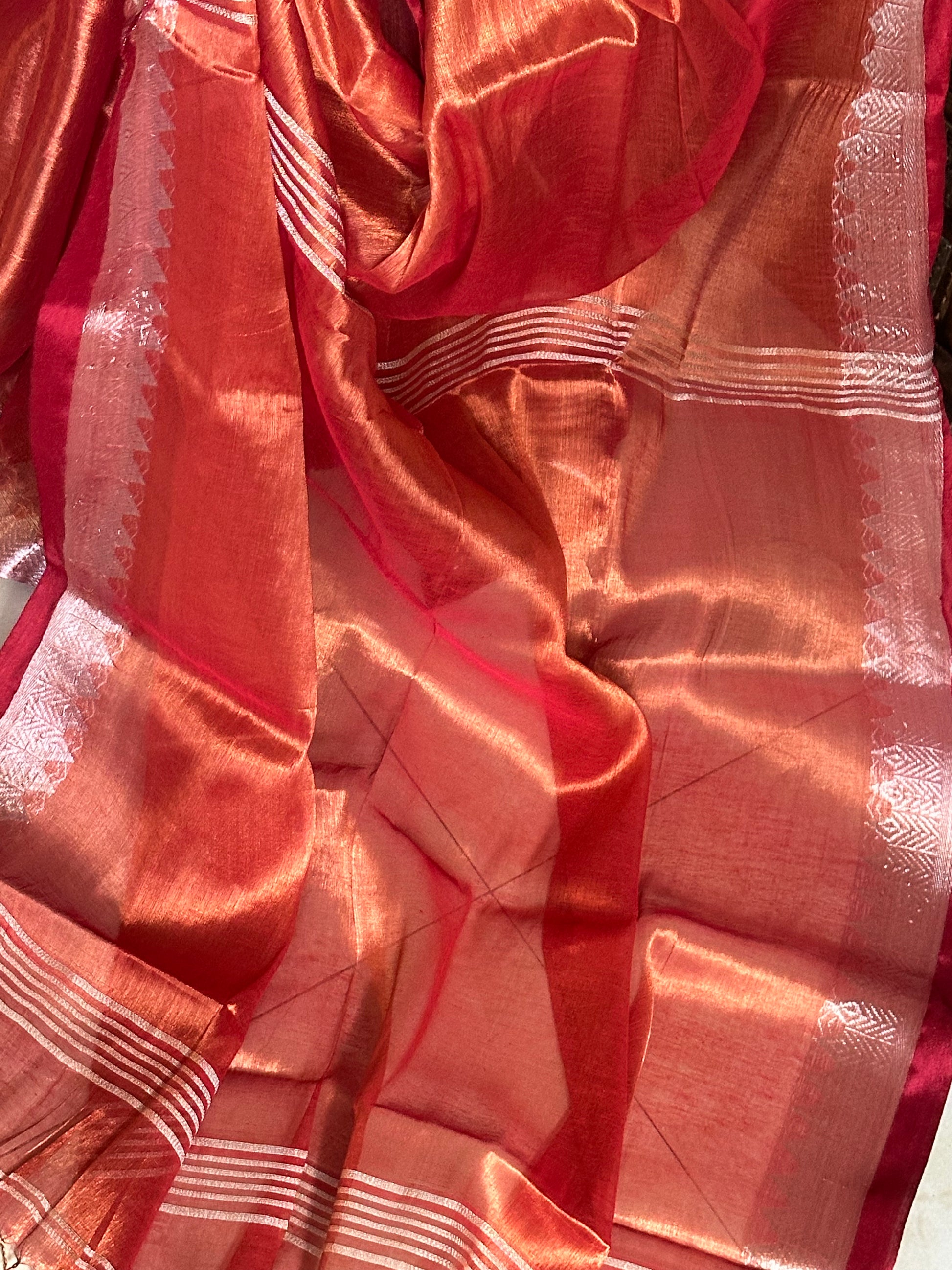 Rust Pure Mul Mul Handwoven Striped Tissue Cotton Sari with Zari Woven Border - Raahini