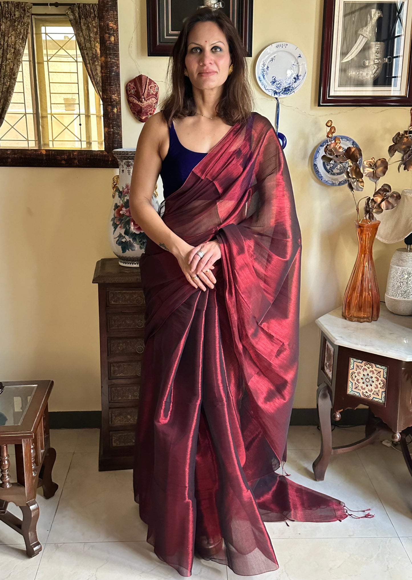 Maroon Pure Mul Mul Handwoven Tissue Cotton Sari (Borderless) - Raahini