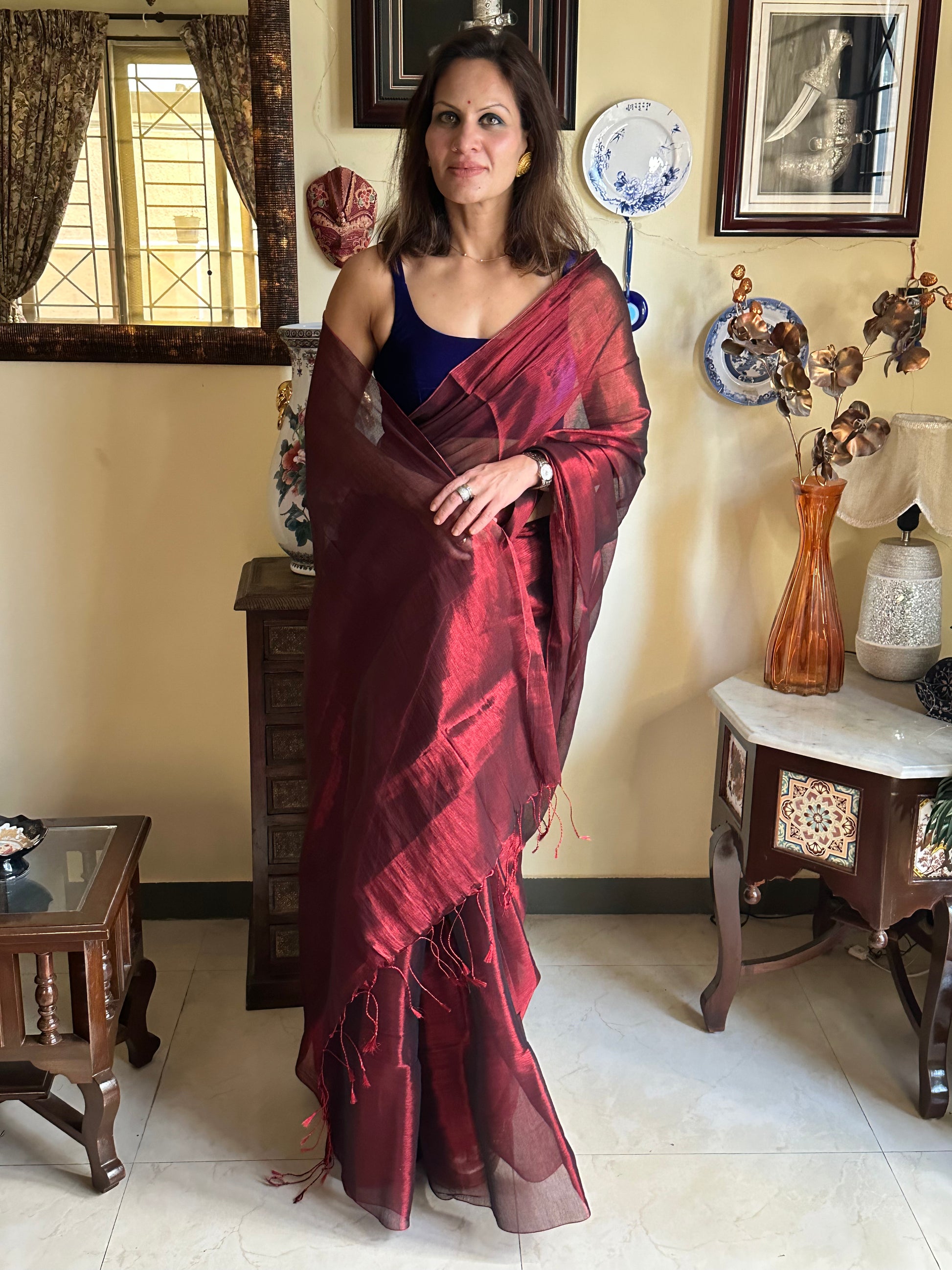 Maroon Pure Mul Mul Handwoven Tissue Cotton Sari (Borderless) - Raahini