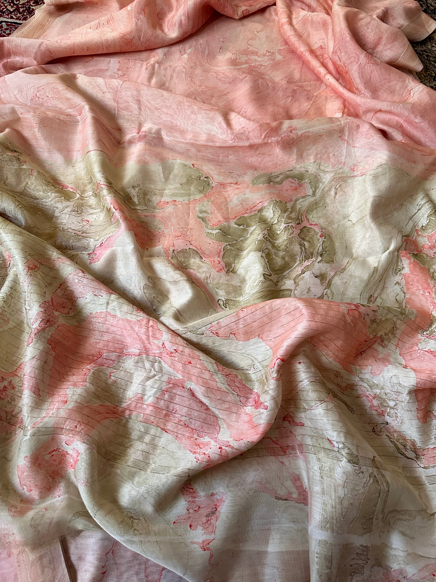 Pink & White Hand Dyed Maheshwari Sari with Marble Hand Print