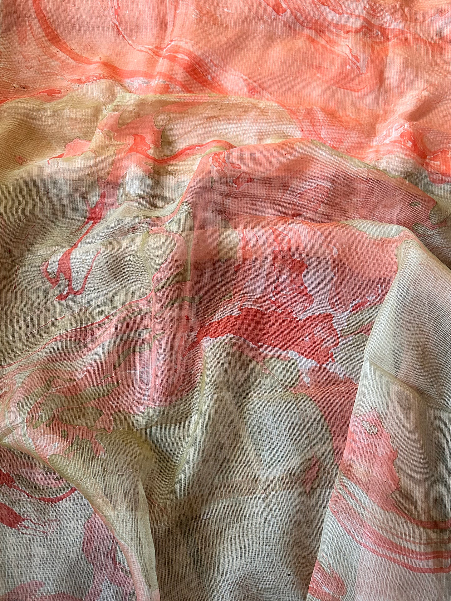 Peach Kota Silk Marble Hand Print Sari