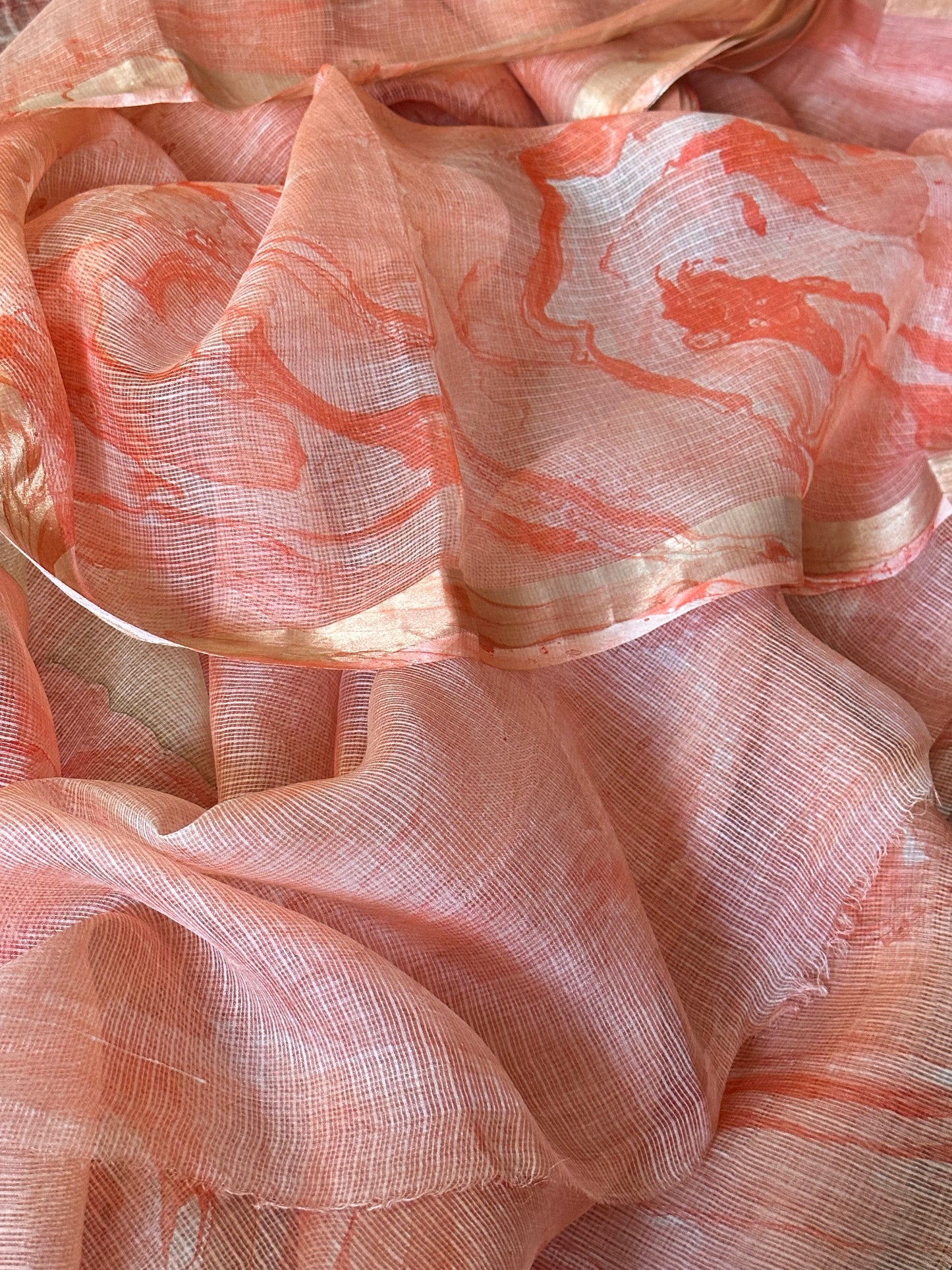 Peach Kota Silk Marble Hand Print Sari