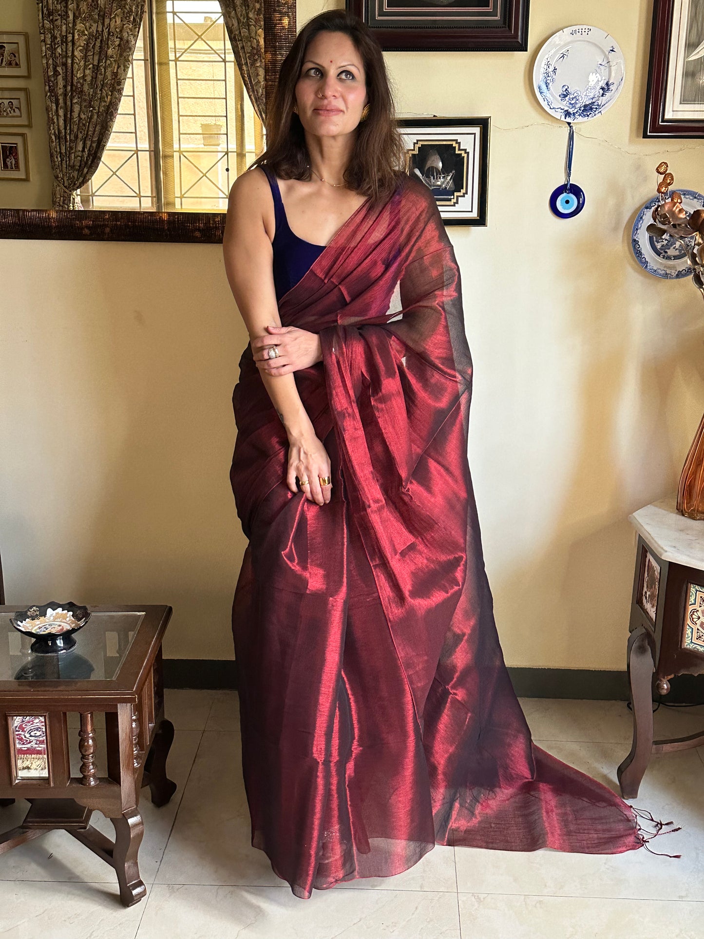 Maroon Pure Mul Mul Handwoven Tissue Cotton Sari (Borderless) - Raahini