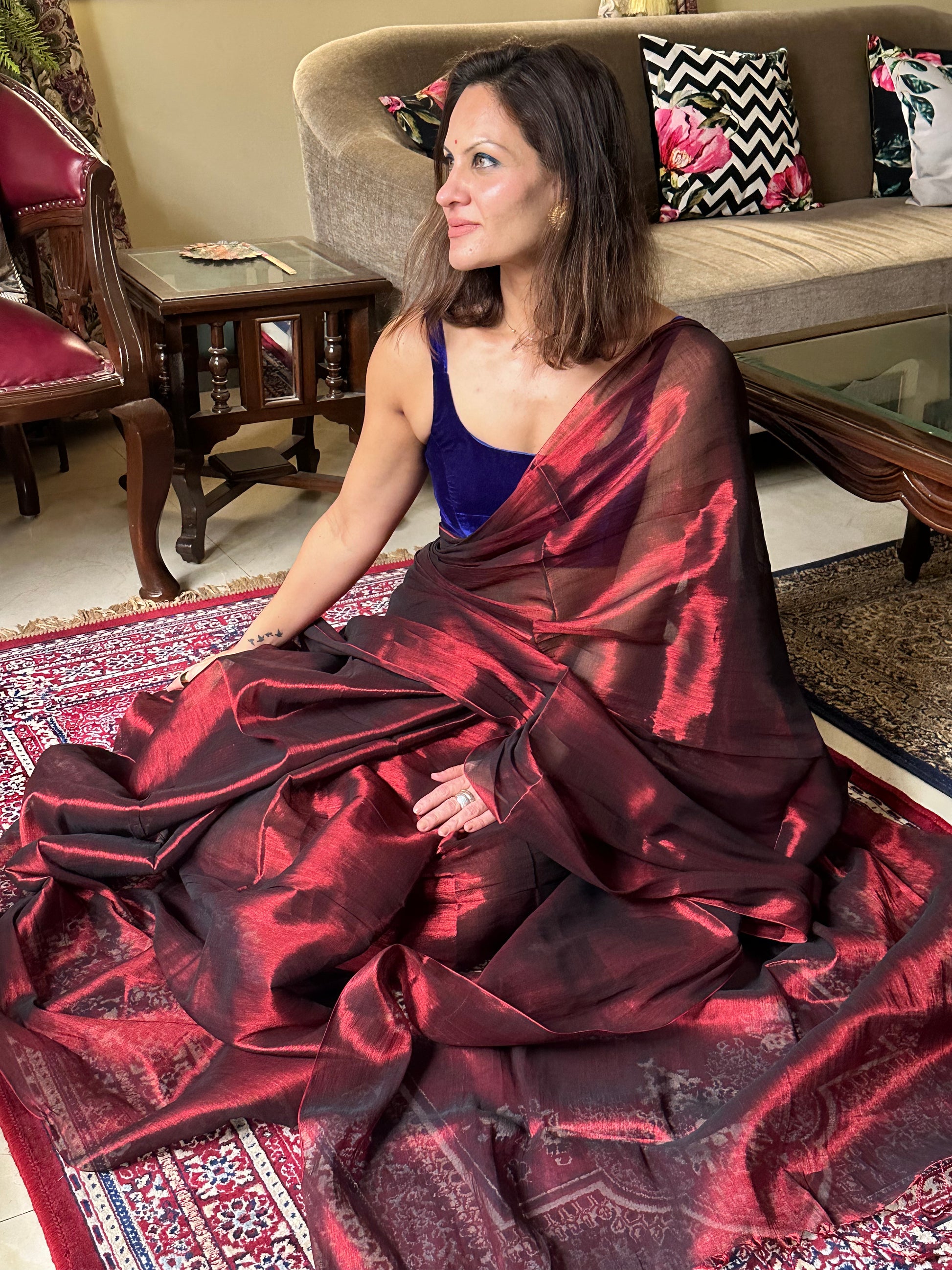 Maroon Pure Mul Mul Handwoven Tissue Cotton Sari (Borderless) - Raahini