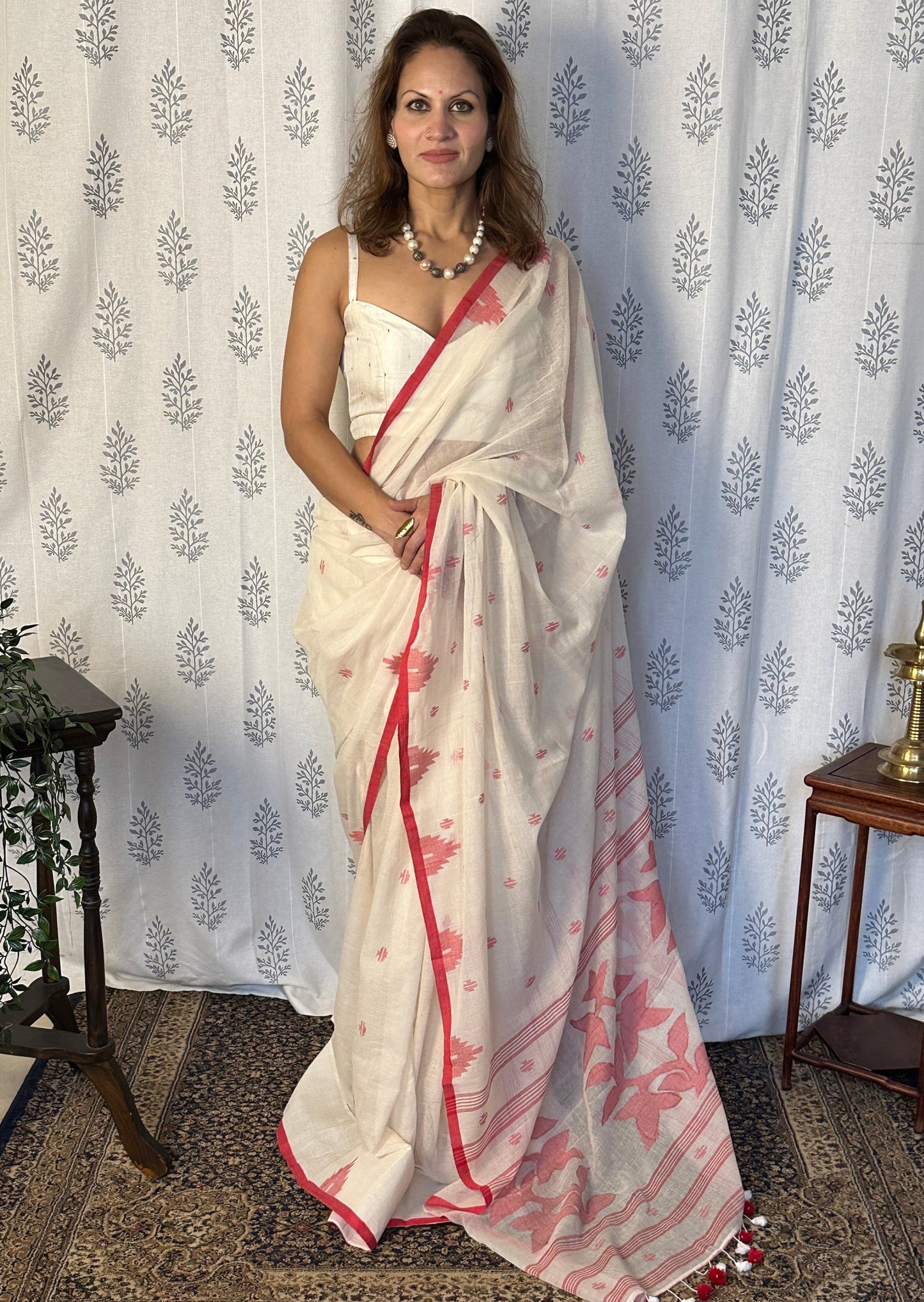 Cream Hand Spun Pure Fine Cotton Jamdani Saree with Red Intricate Needlework & Border