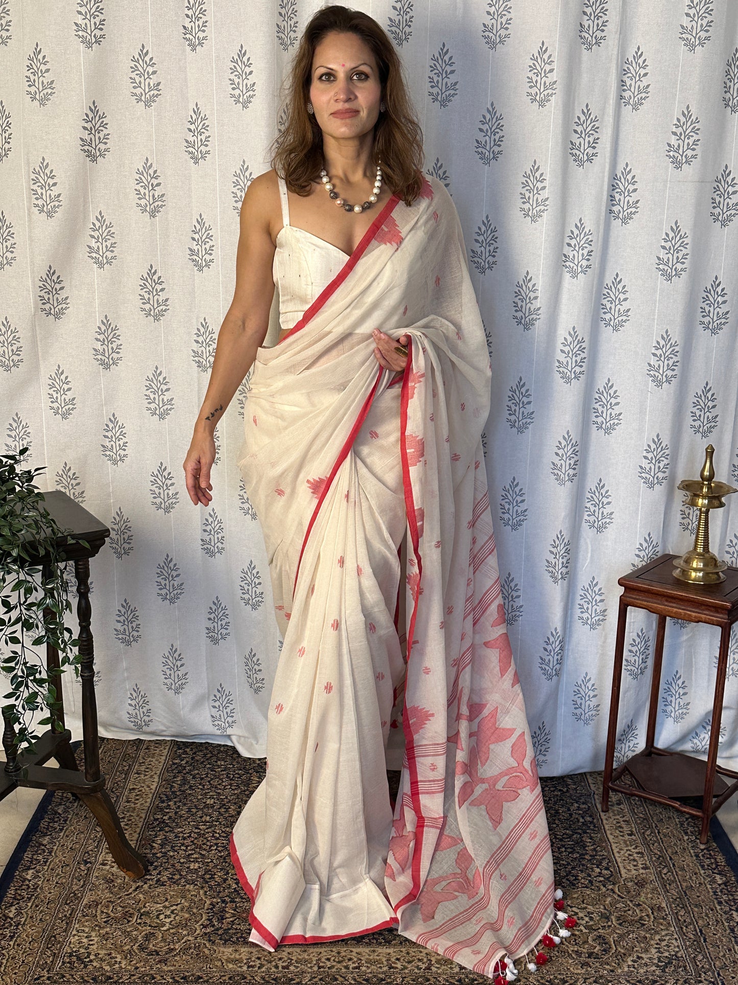 Cream Hand Spun Pure Fine Cotton Jamdani Saree with Red Intricate Needlework & Border