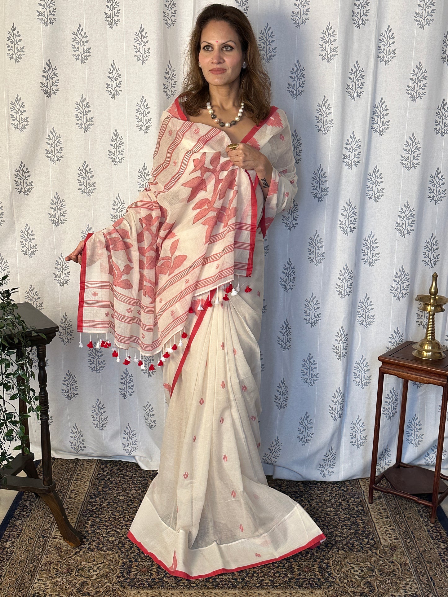 Cream Hand Spun Pure Fine Cotton Jamdani Saree with Red Intricate Needlework & Border