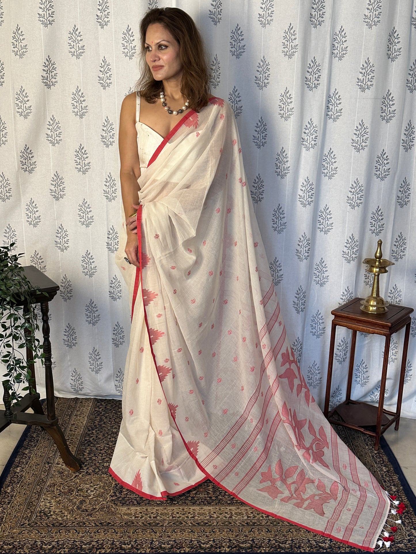 Cream Hand Spun Pure Fine Cotton Jamdani Saree with Red Intricate Needlework & Border