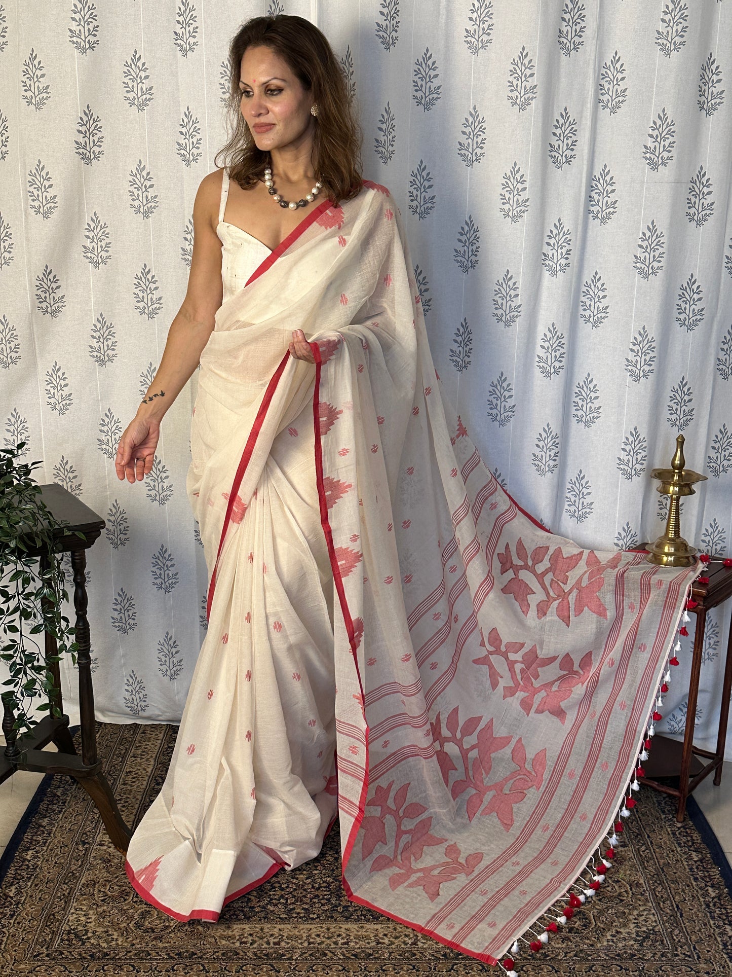 Cream Hand Spun Pure Fine Cotton Jamdani Saree with Red Intricate Needlework & Border