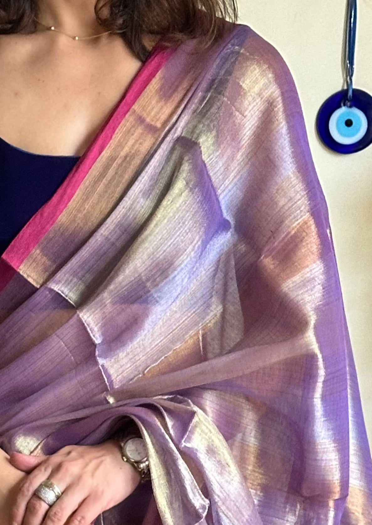 Lavender Pure Mul Mul Handwoven Striped Tissue Cotton Sari - Raahini