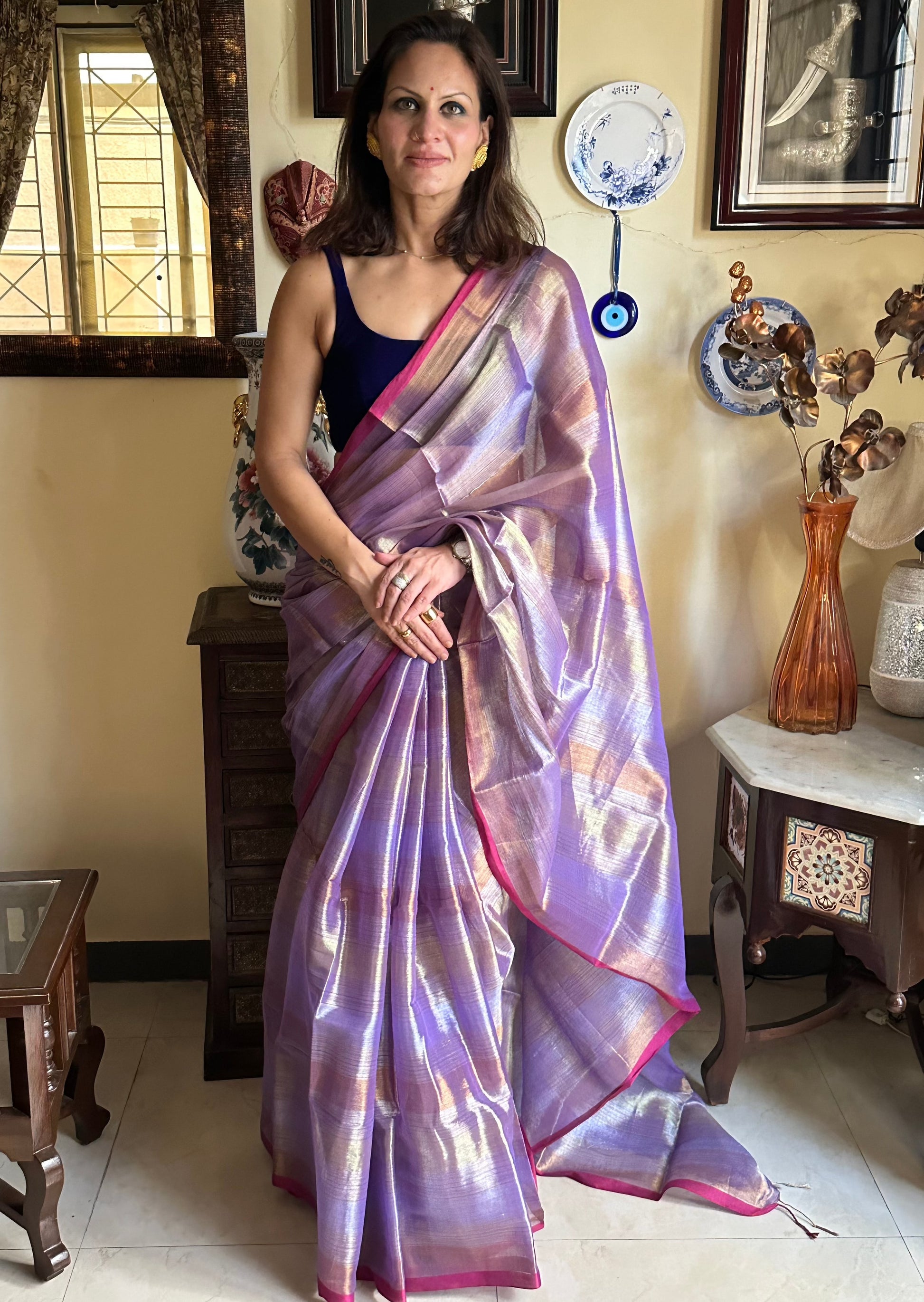 Lavender Pure Mul Mul Handwoven Striped Tissue Cotton Sari - Raahini