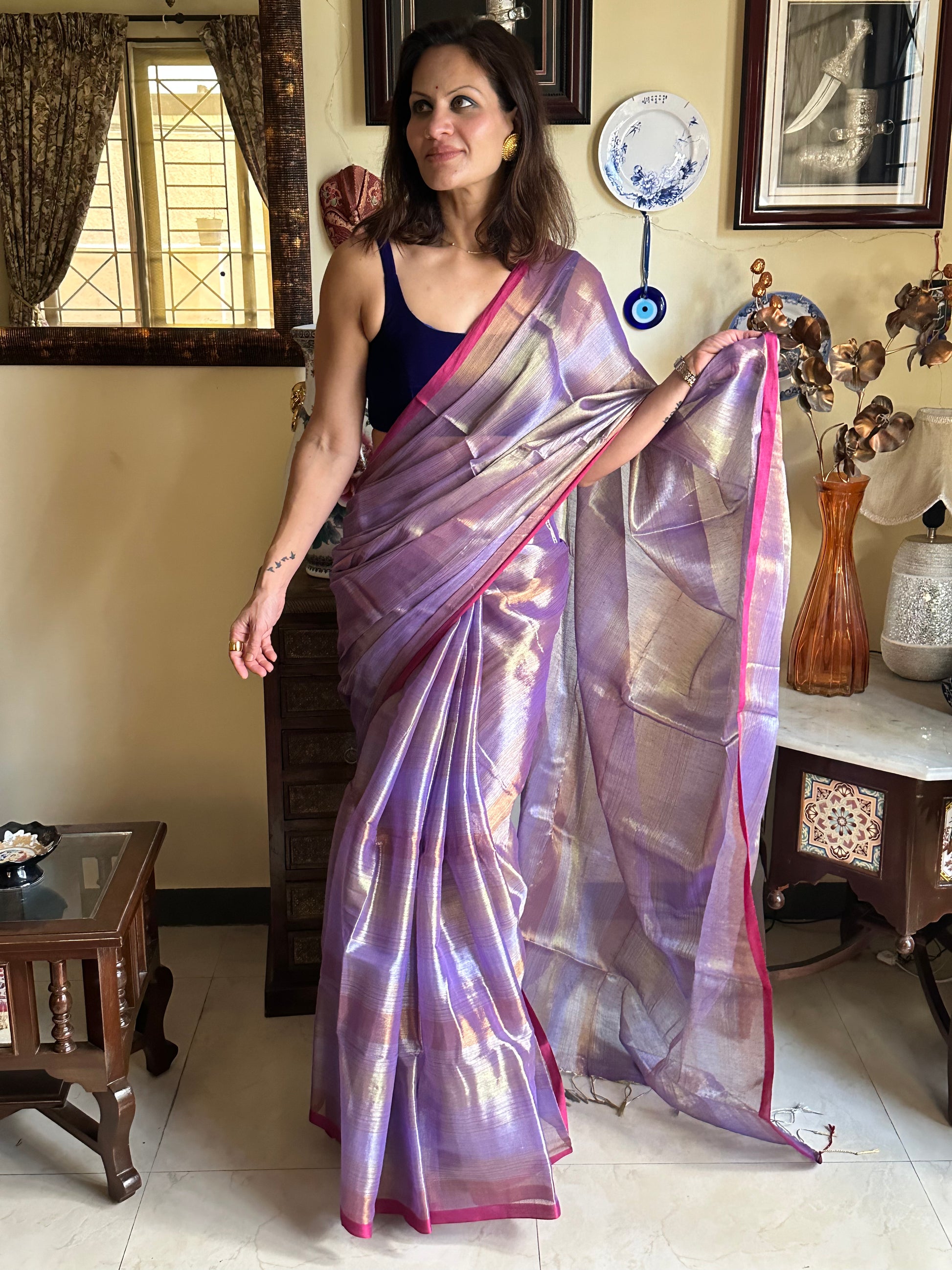 Lavender Pure Mul Mul Handwoven Striped Tissue Cotton Sari - Raahini