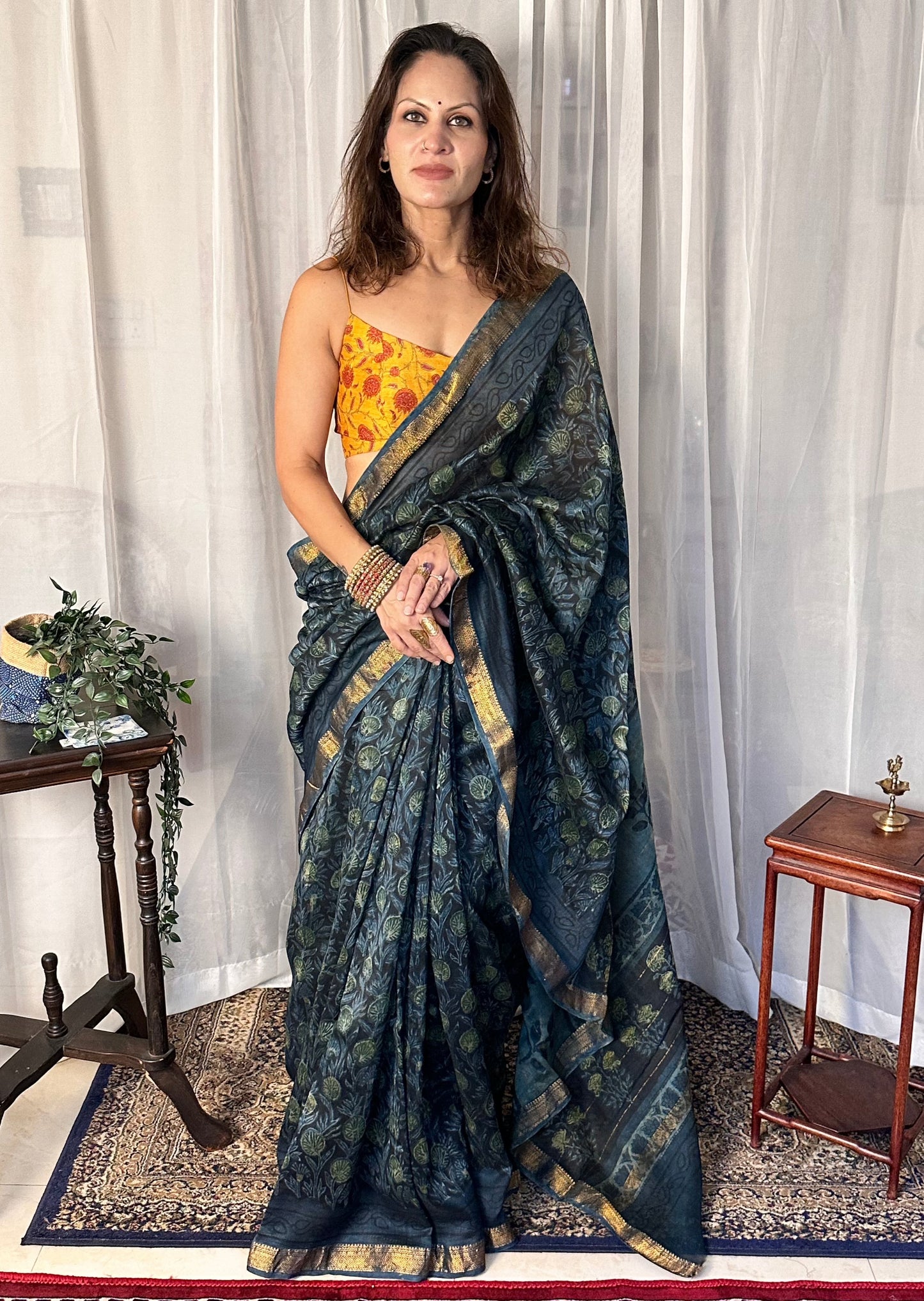 Indigo Green Natural Vanaspati Block Print Maheshwari Sari with Zari Border