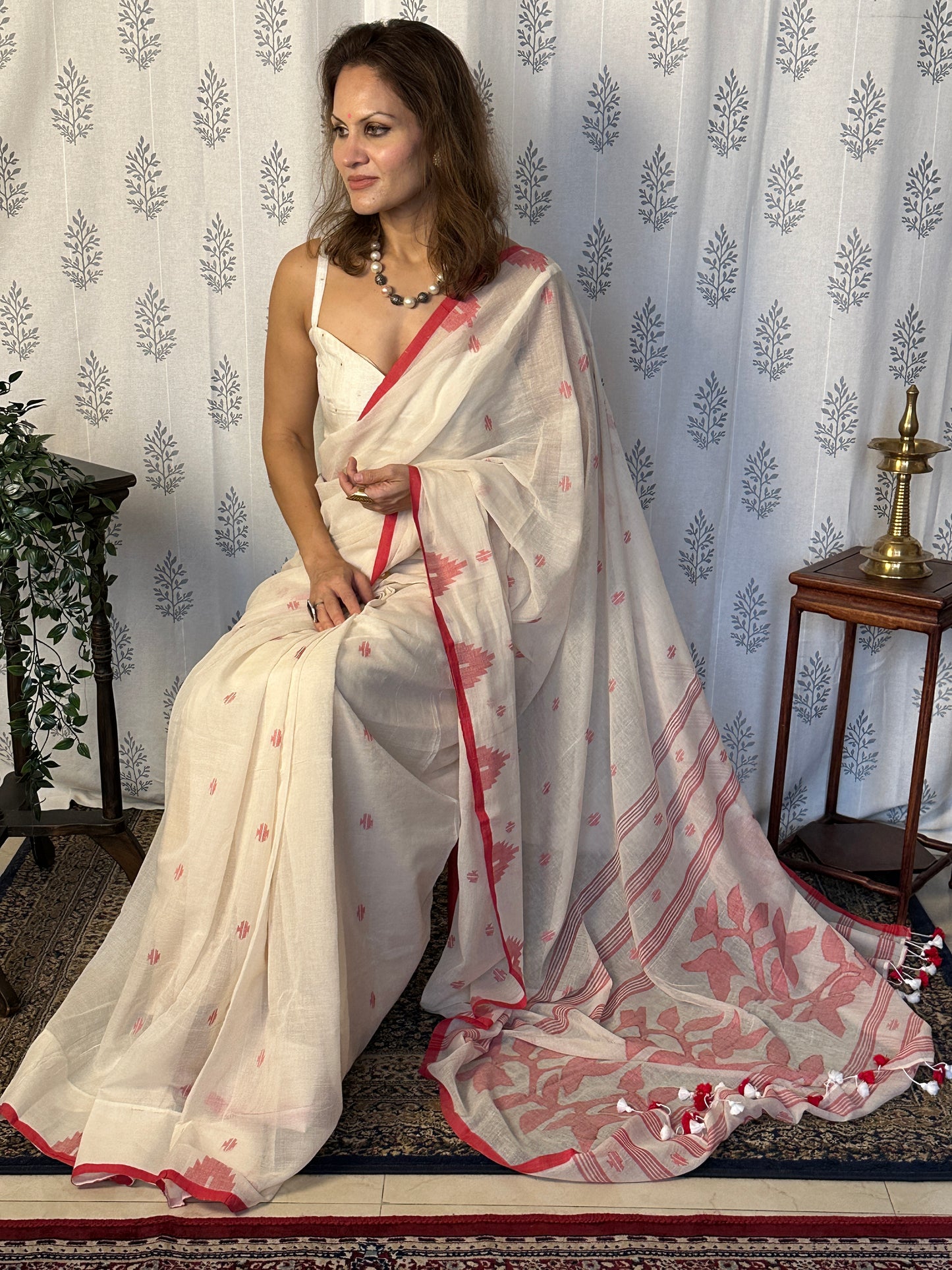 Cream Hand Spun Pure Fine Cotton Jamdani Saree with Red Intricate Needlework & Border