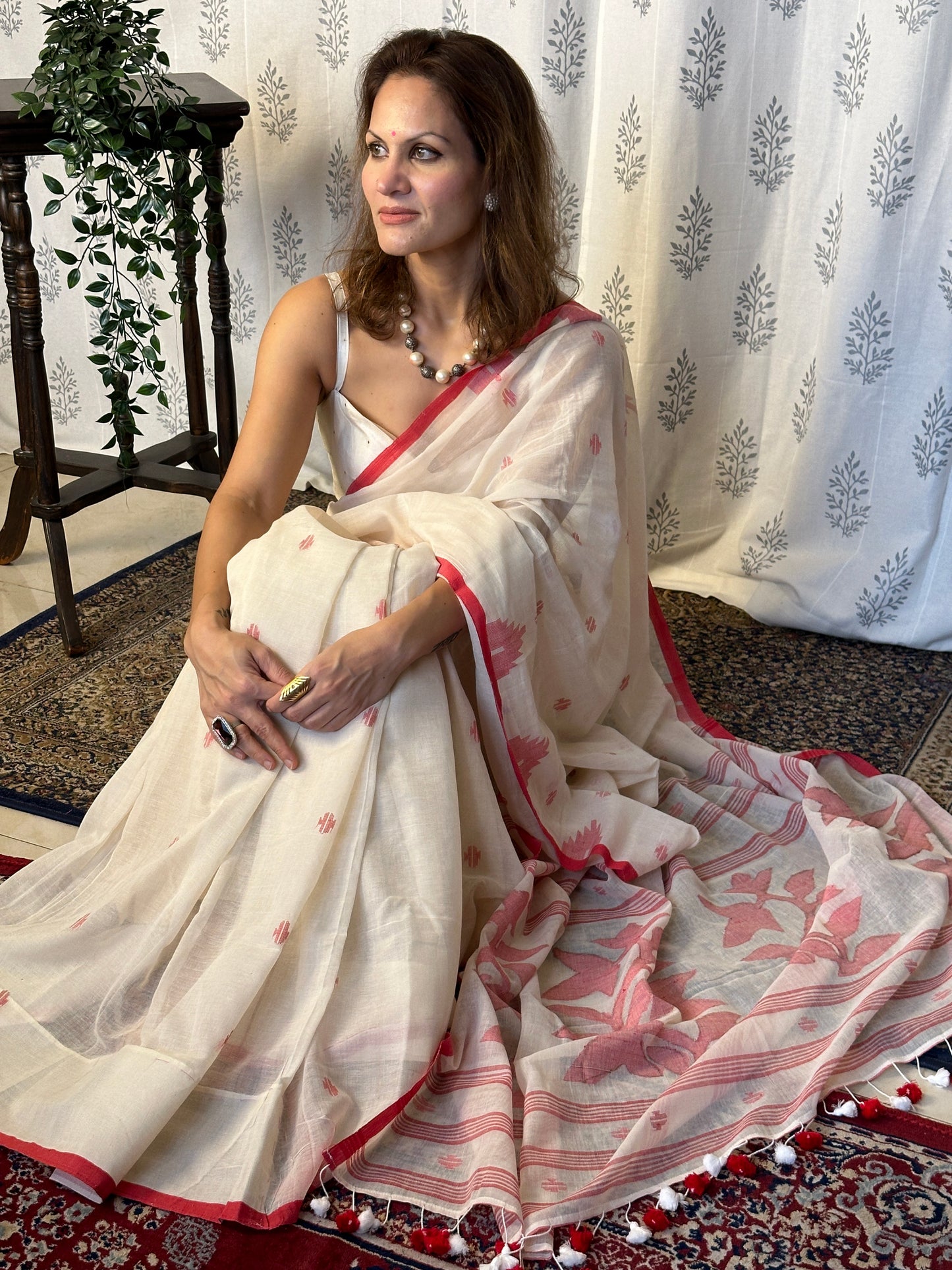 Cream Hand Spun Pure Fine Cotton Jamdani Saree with Red Intricate Needlework & Border