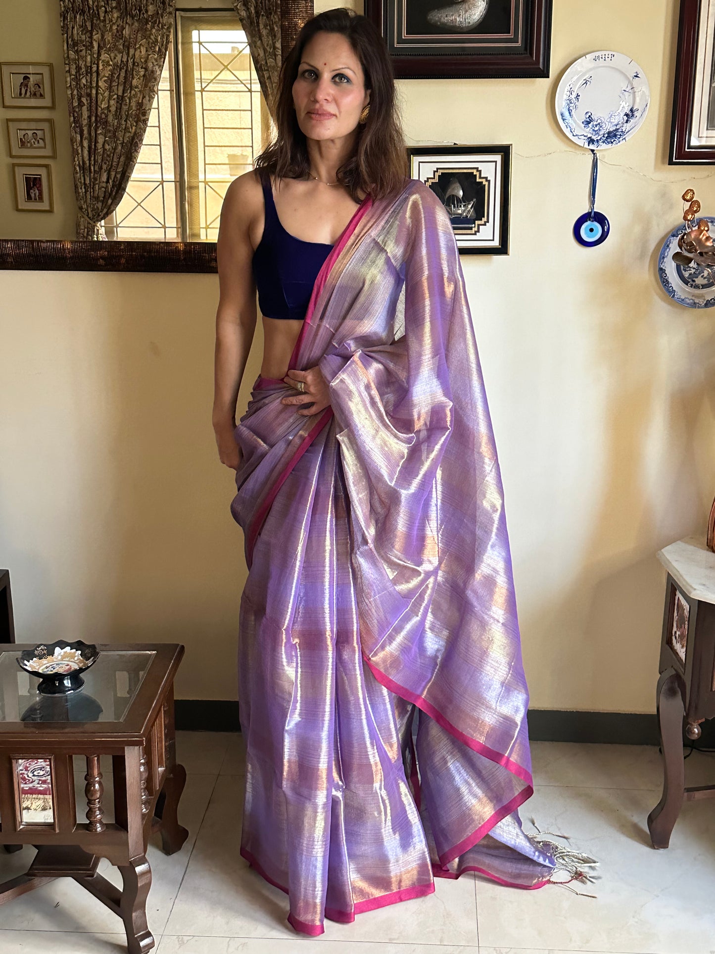 Lavender Pure Mul Mul Handwoven Striped Tissue Cotton Sari - Raahini