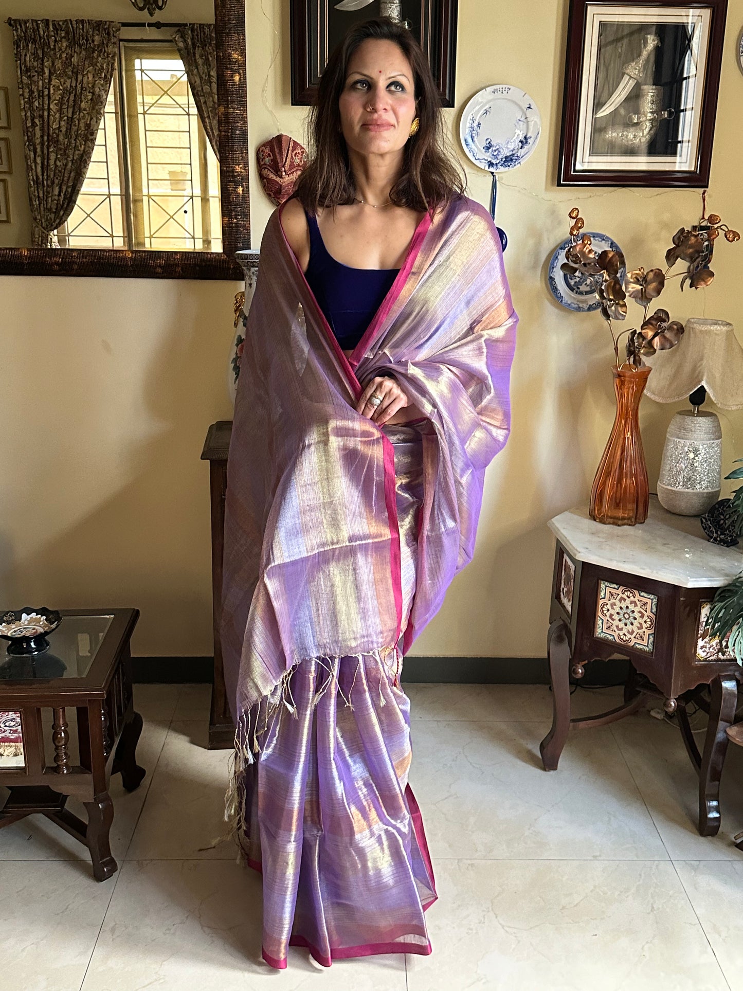 Lavender Pure Mul Mul Handwoven Striped Tissue Cotton Sari - Raahini