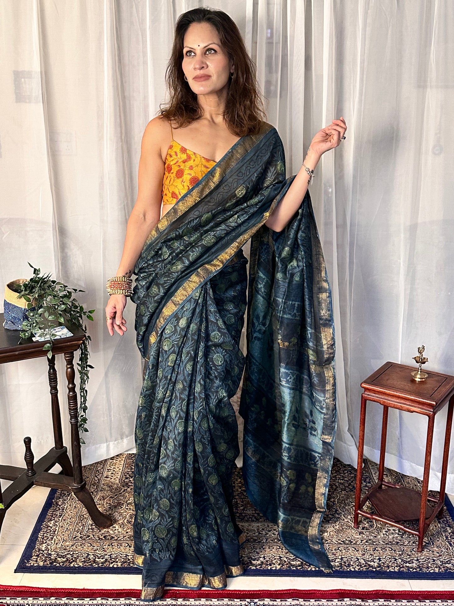 Indigo Green Natural Vanaspati Block Print Maheshwari Sari with Zari Border