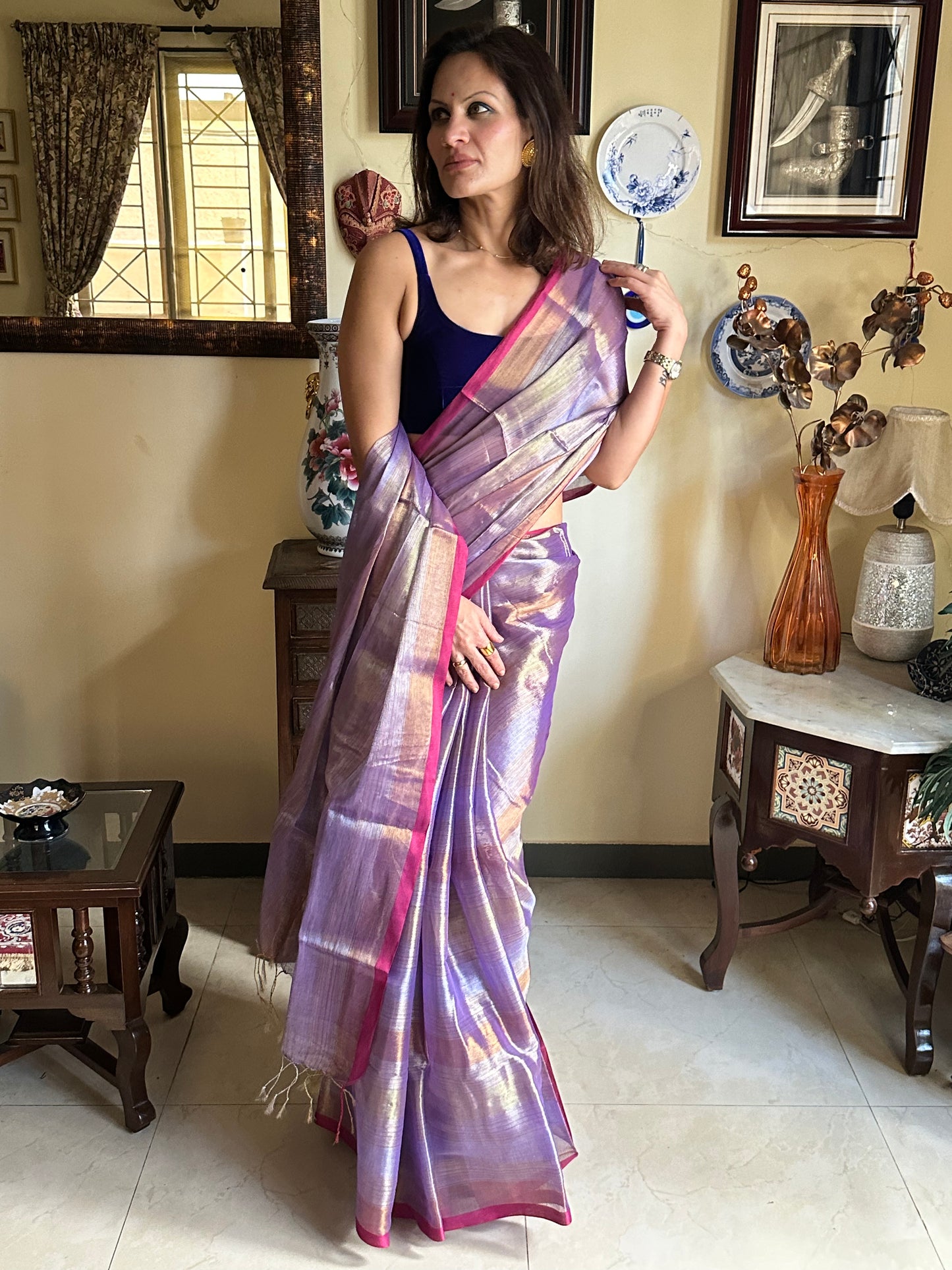 Lavender Pure Mul Mul Handwoven Striped Tissue Cotton Sari - Raahini