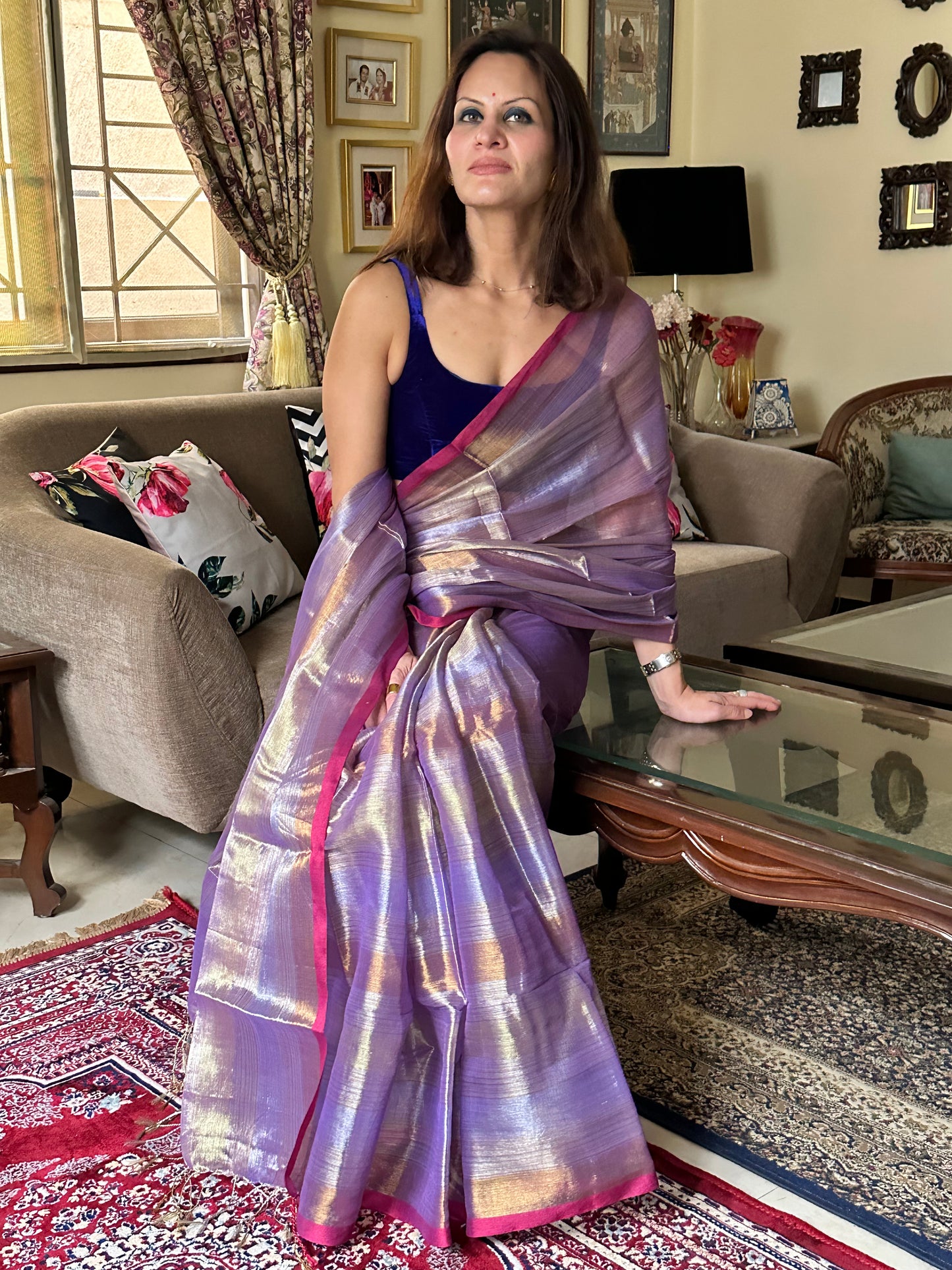 Lavender Pure Mul Mul Handwoven Striped Tissue Cotton Sari - Raahini