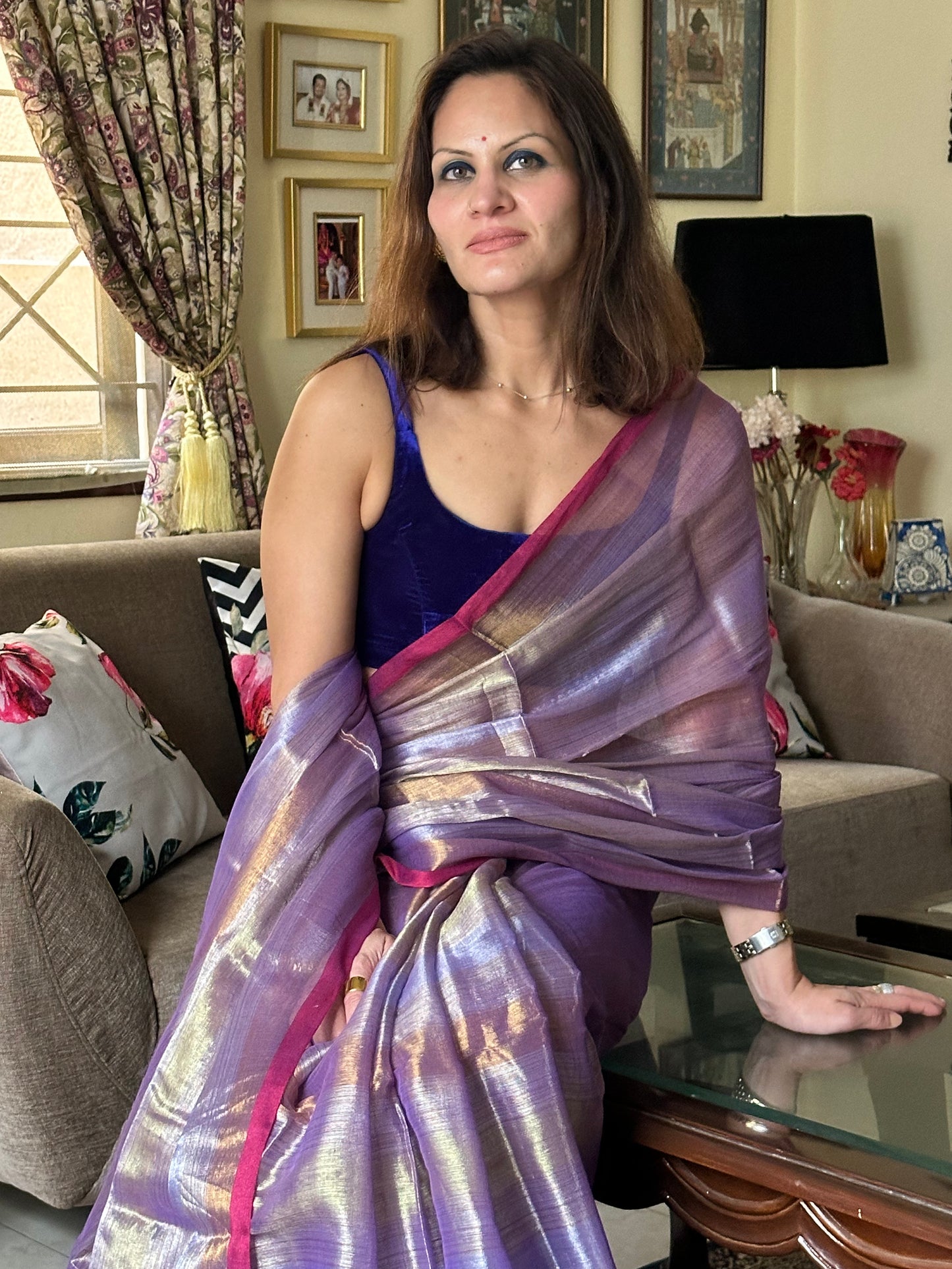 Lavender Pure Mul Mul Handwoven Striped Tissue Cotton Sari - Raahini