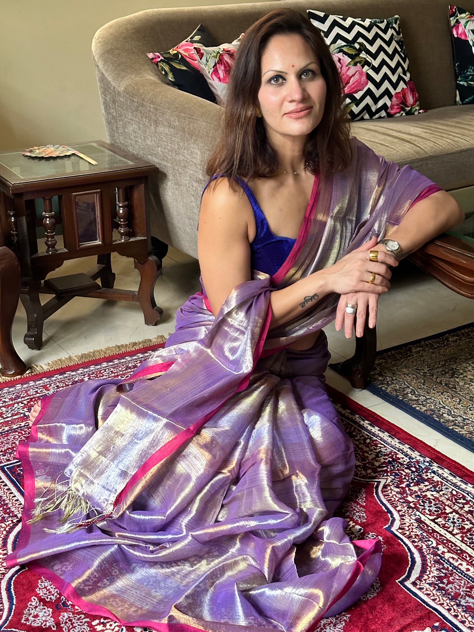 Lavender Pure Mul Mul Handwoven Striped Tissue Cotton Sari - Raahini