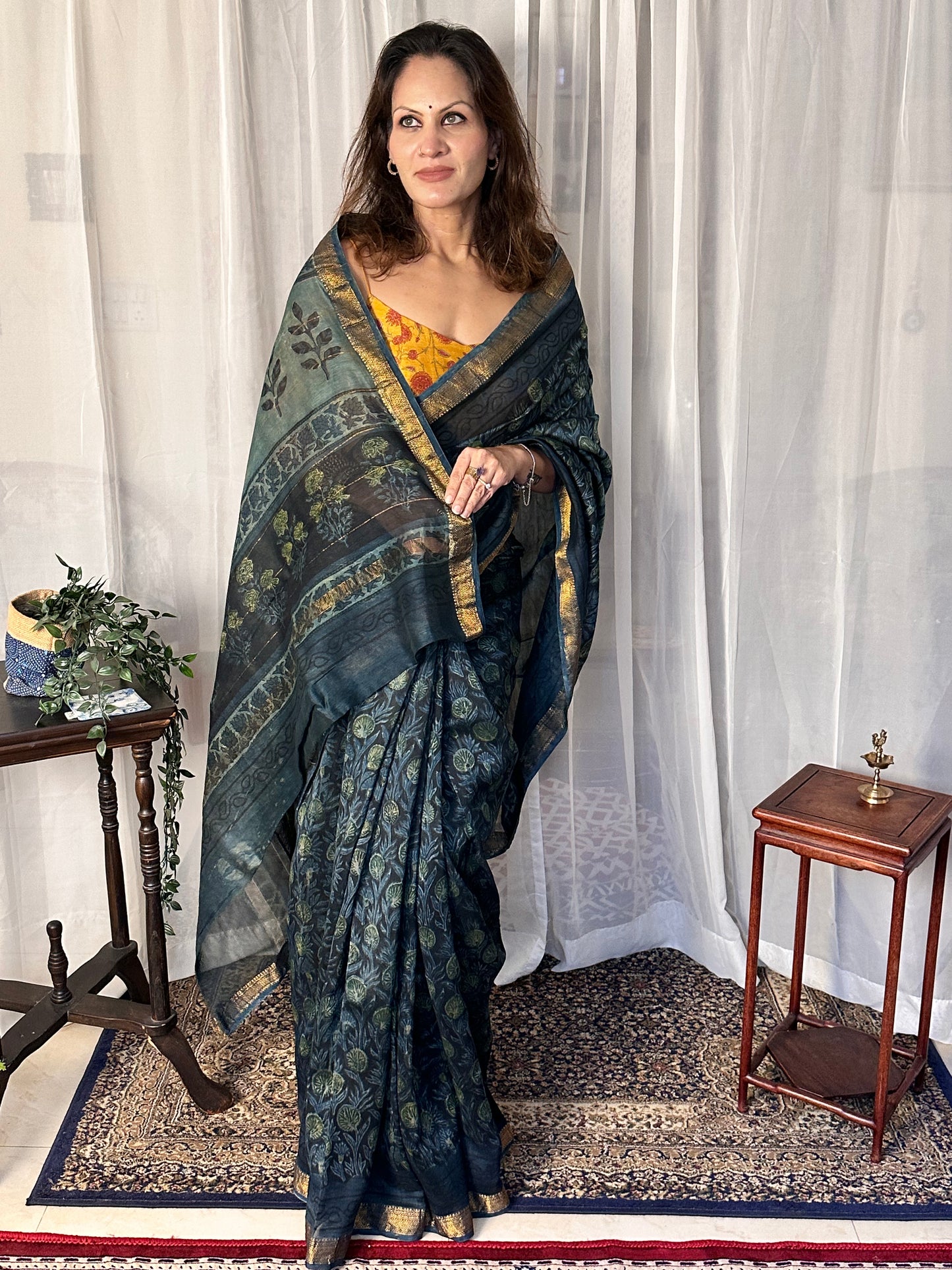 Indigo Green Natural Vanaspati Block Print Maheshwari Sari with Zari Border