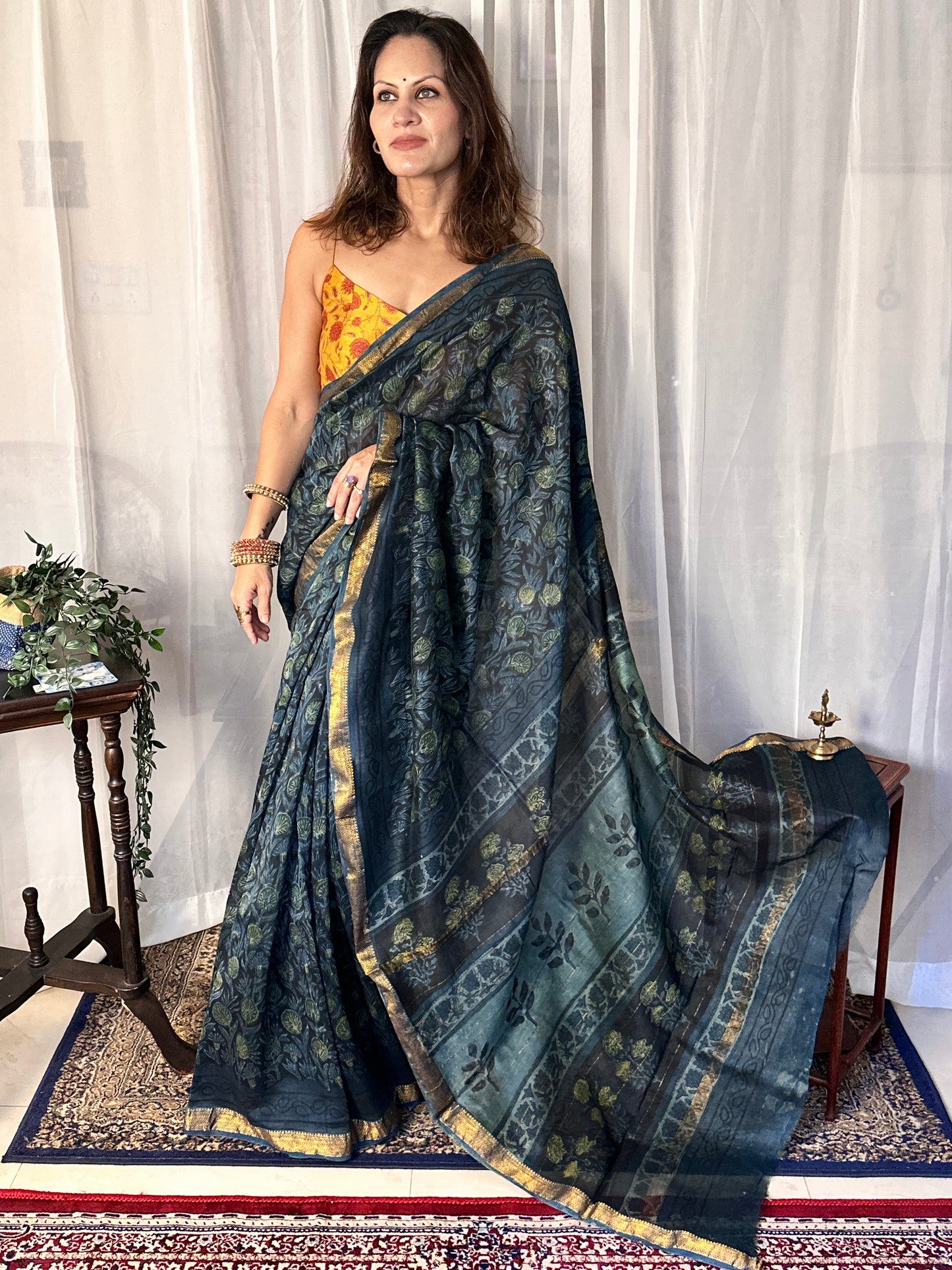 Indigo Green Natural Vanaspati Block Print Maheshwari Sari with Zari Border