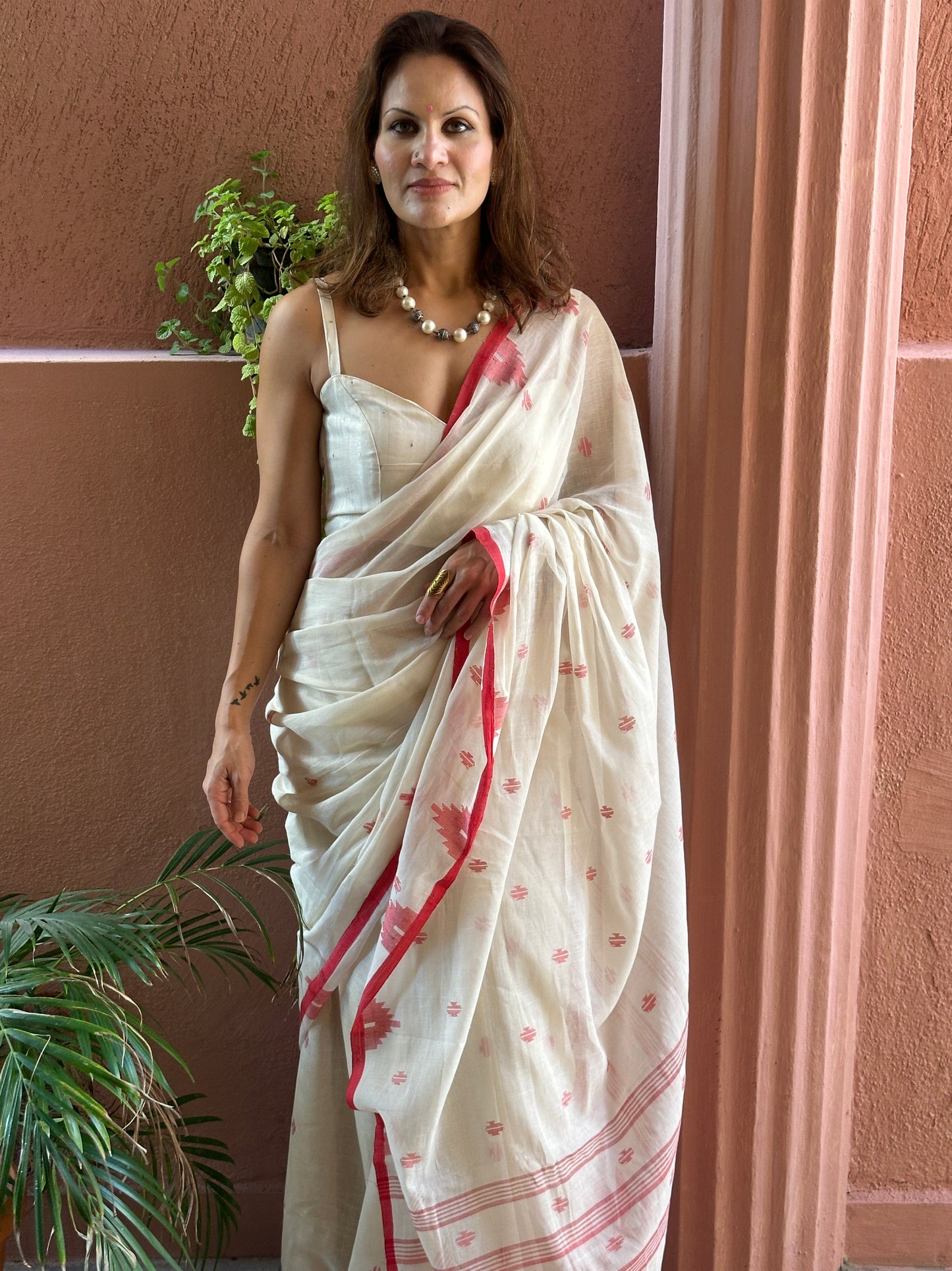 Cream Hand Spun Pure Fine Cotton Jamdani Saree with Red Intricate Needlework & Border