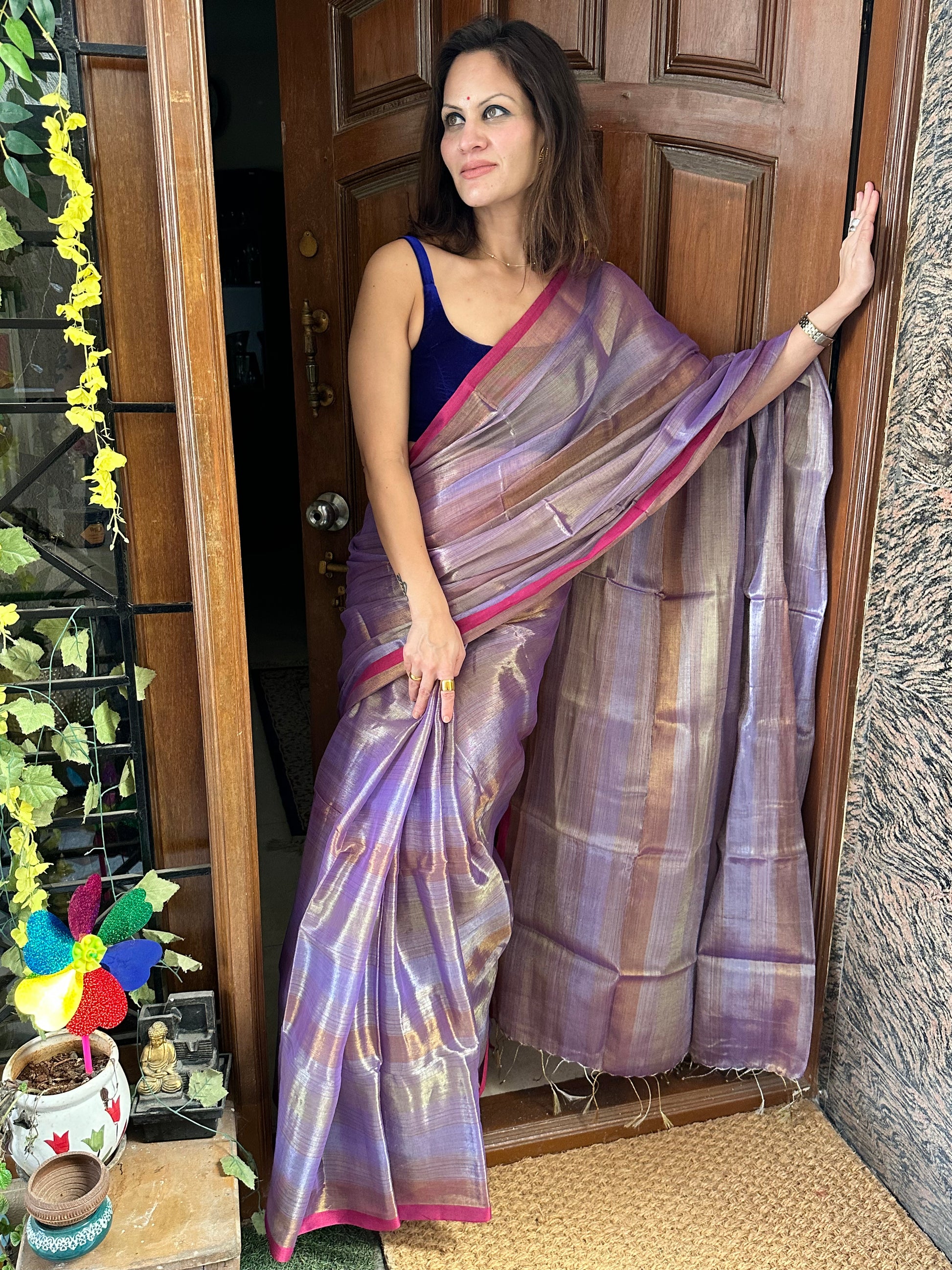 Lavender Pure Mul Mul Handwoven Striped Tissue Cotton Sari - Raahini