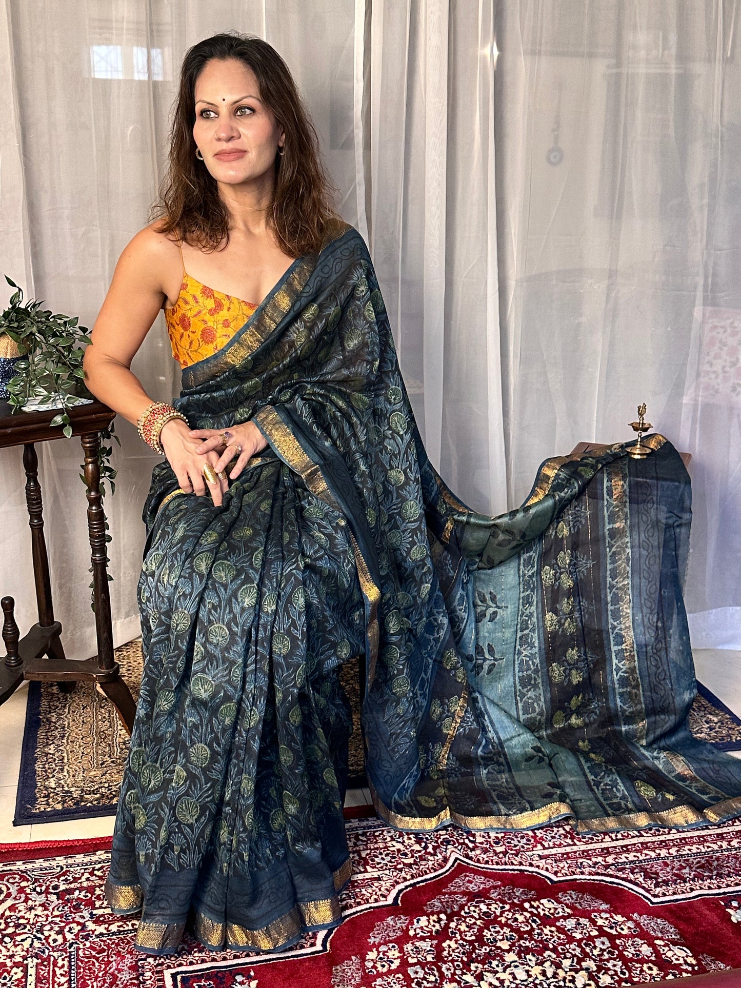 Indigo Green Natural Vanaspati Block Print Maheshwari Sari with Zari Border