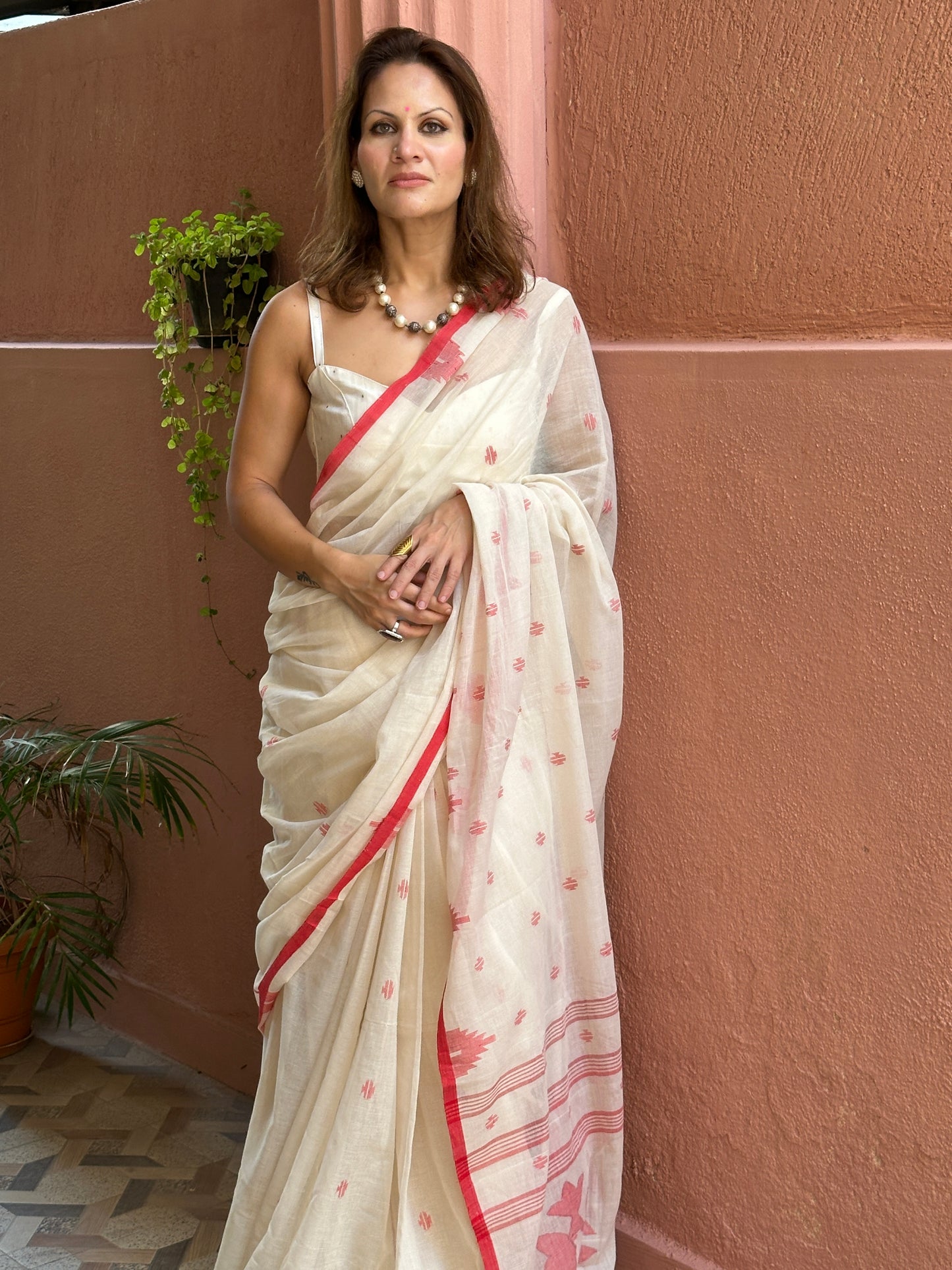 Cream Hand Spun Pure Fine Cotton Jamdani Saree with Red Intricate Needlework & Border