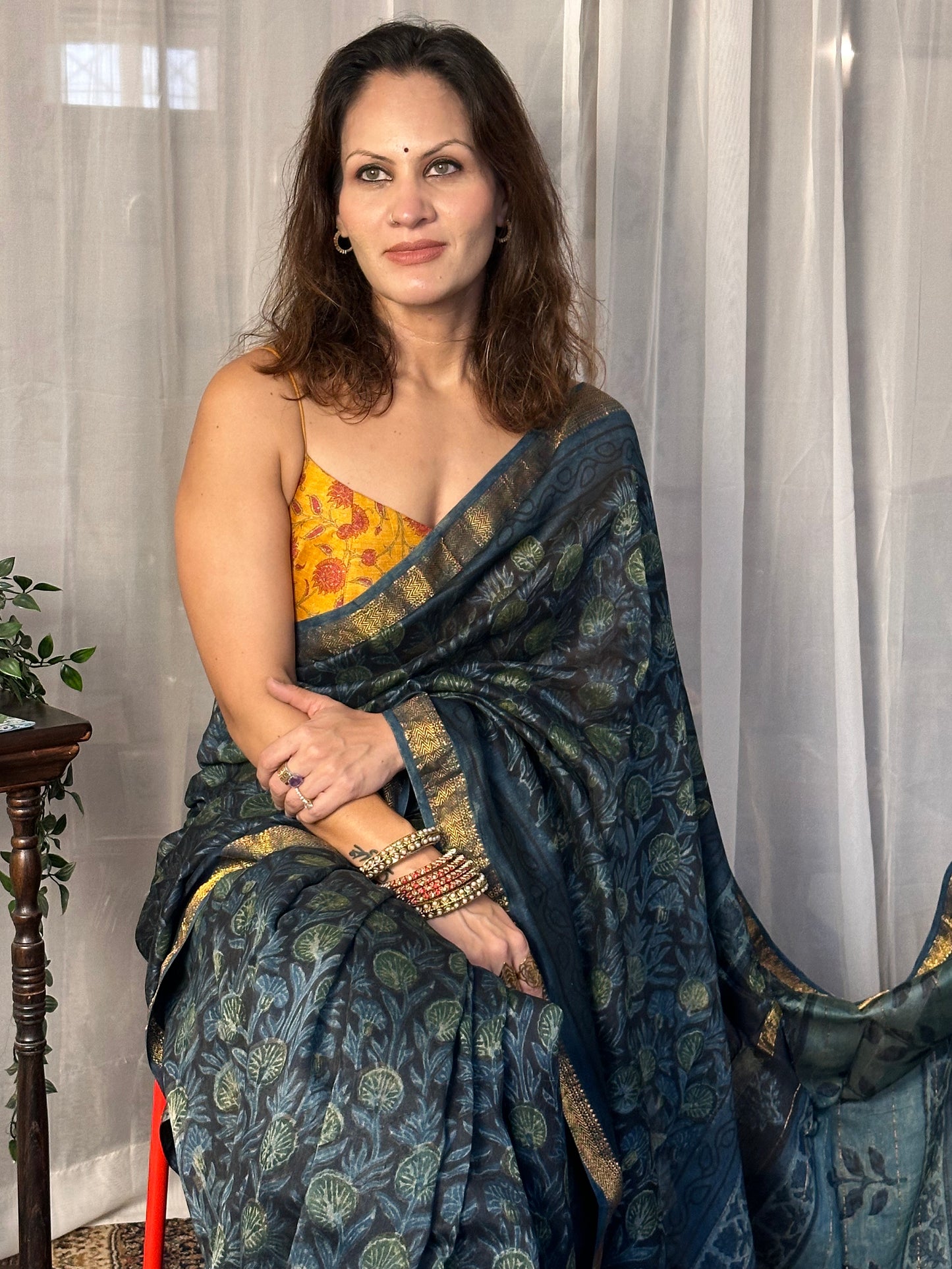 Indigo Green Natural Vanaspati Block Print Maheshwari Sari with Zari Border