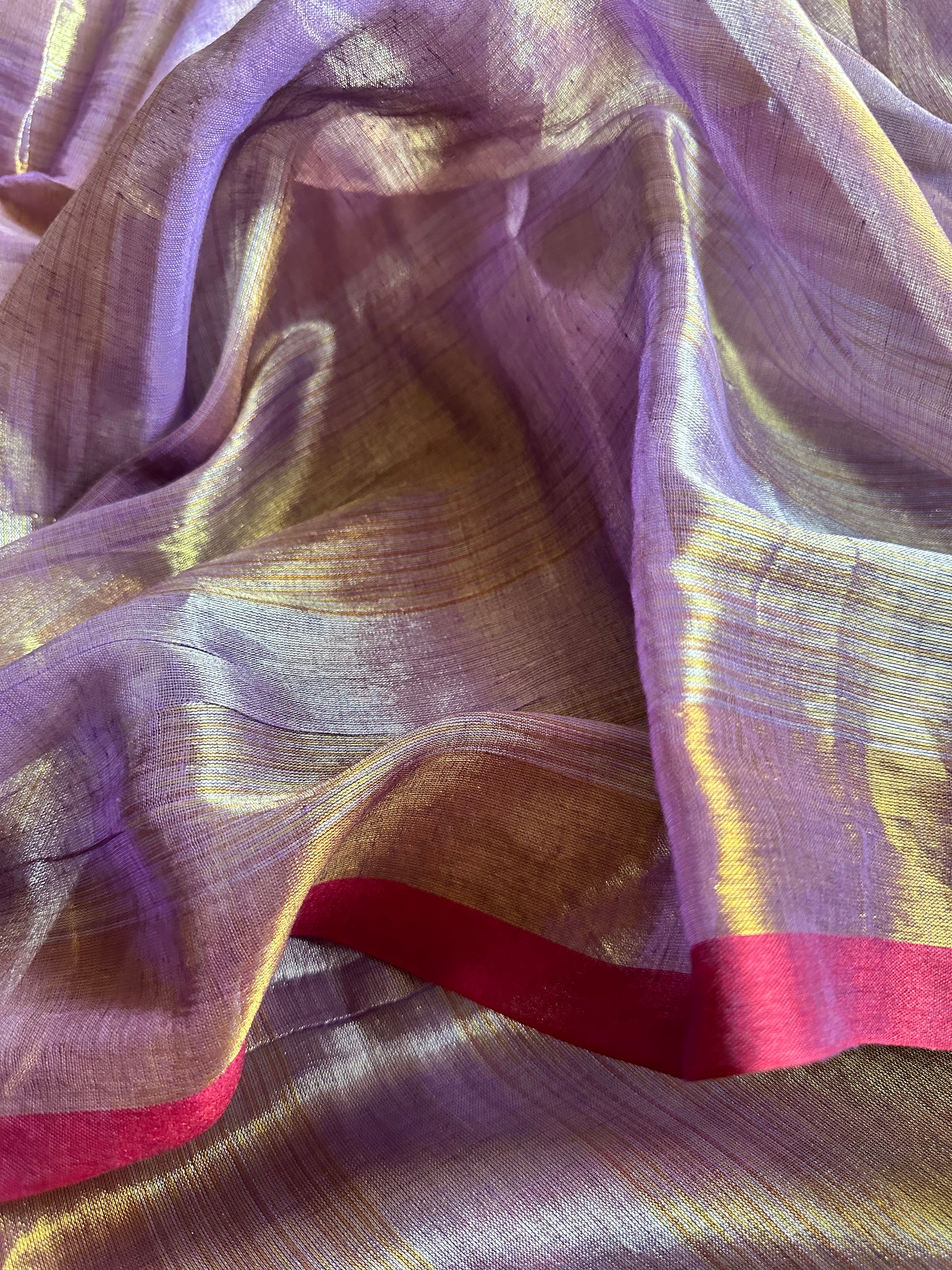 Lavender Pure Mul Mul Handwoven Striped Tissue Cotton Sari - Raahini