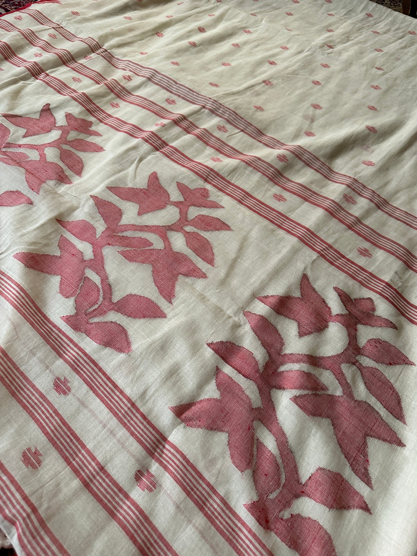 Cream Hand Spun Pure Fine Cotton Jamdani Saree with Red Intricate Needlework & Border