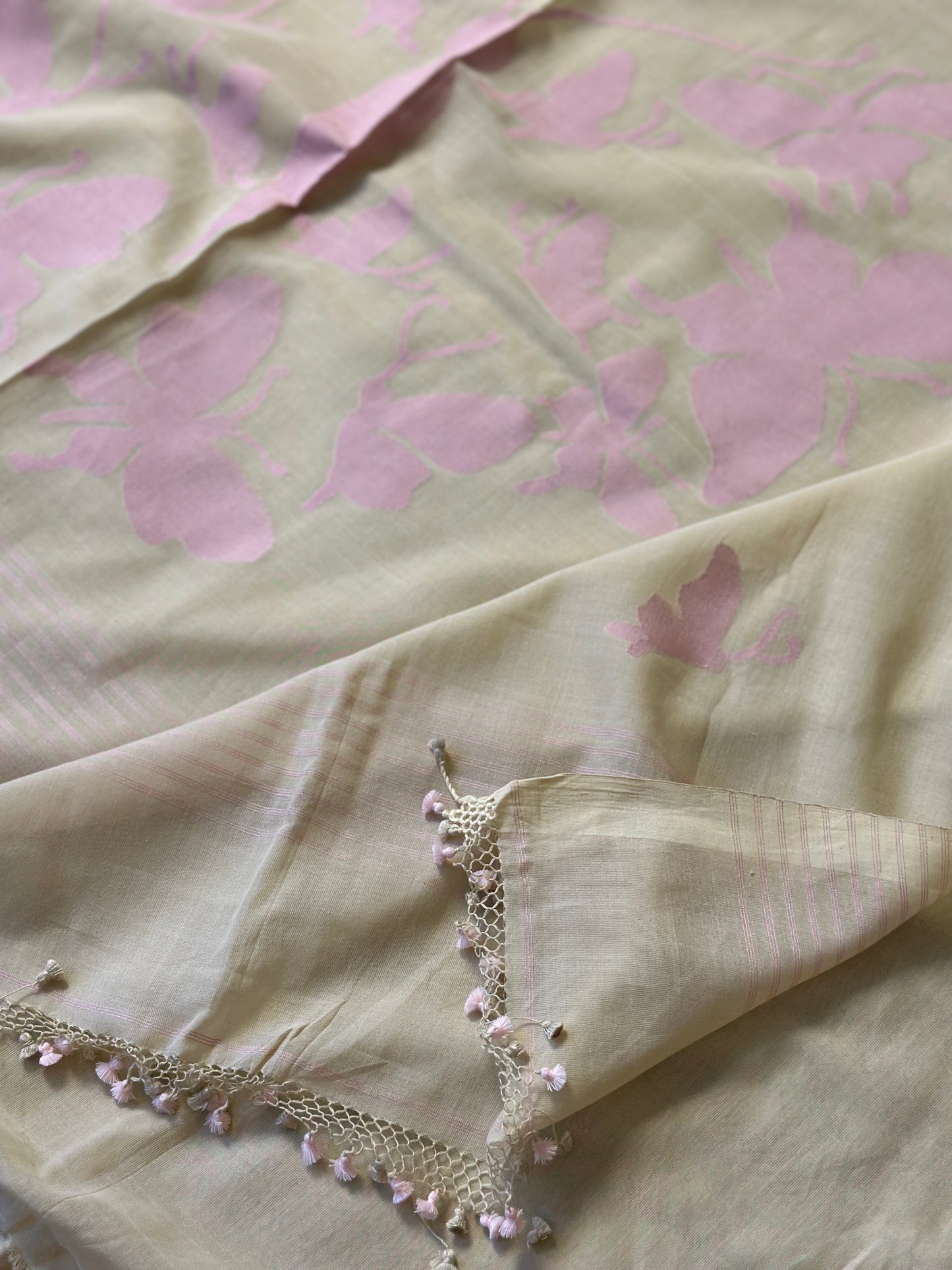 Cream Hand Spun Pure Fine Cotton Jamdani with Pink Woven Butterflies