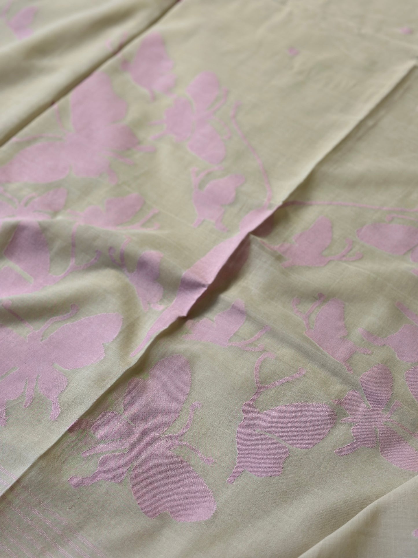 Cream Hand Spun Pure Fine Cotton Jamdani with Pink Woven Butterflies