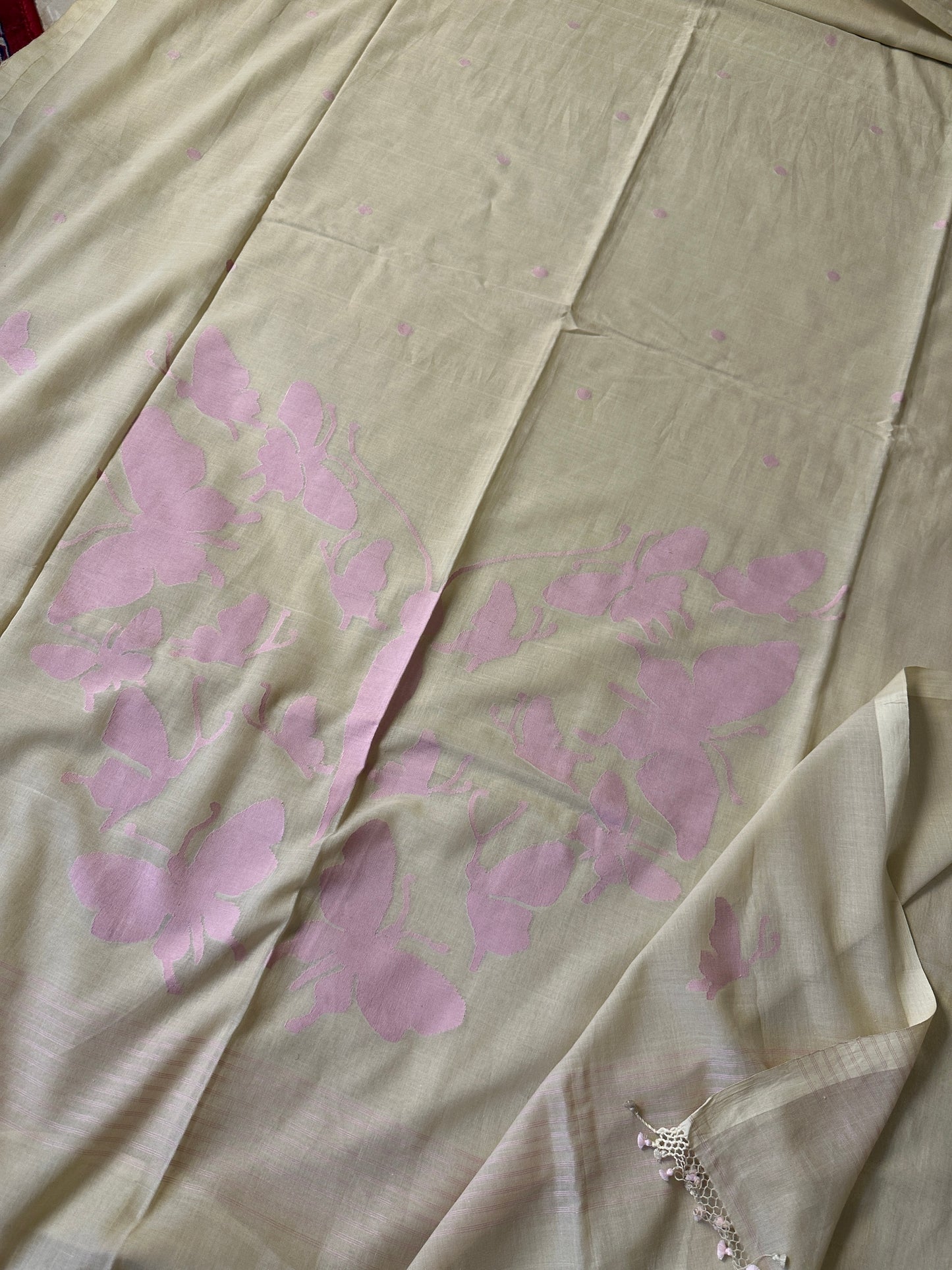 Cream Hand Spun Pure Fine Cotton Jamdani with Pink Woven Butterflies