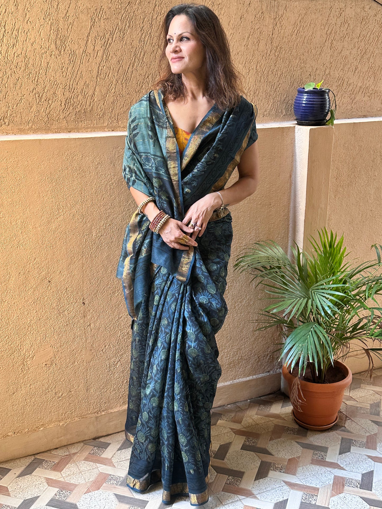 Indigo Green Natural Vanaspati Block Print Maheshwari Sari with Zari Border