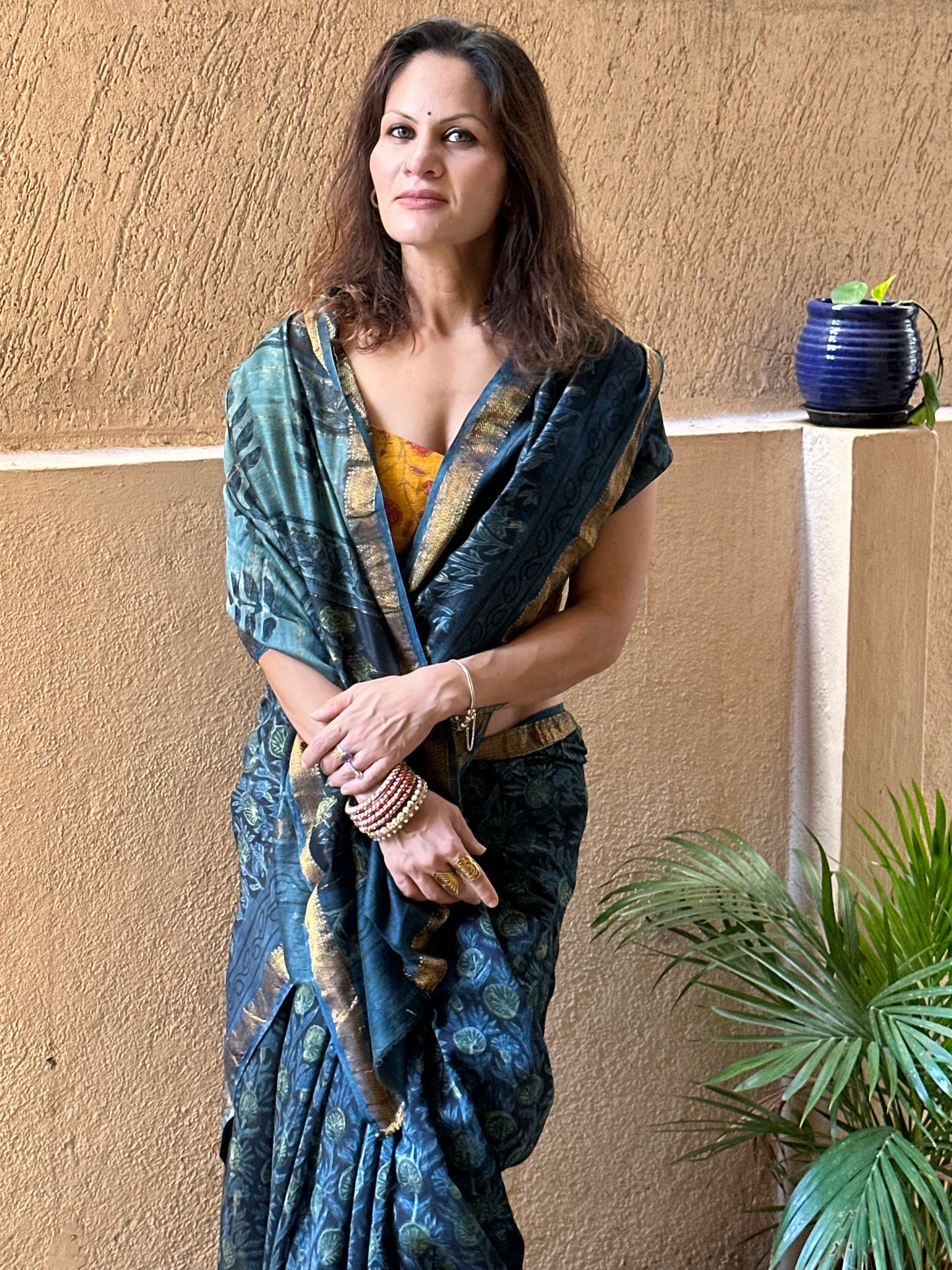 Indigo Green Natural Vanaspati Block Print Maheshwari Sari with Zari Border