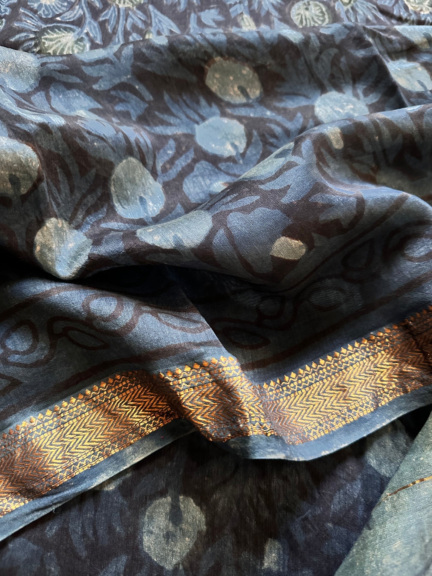 Indigo Green Natural Vanaspati Block Print Maheshwari Sari with Zari Border