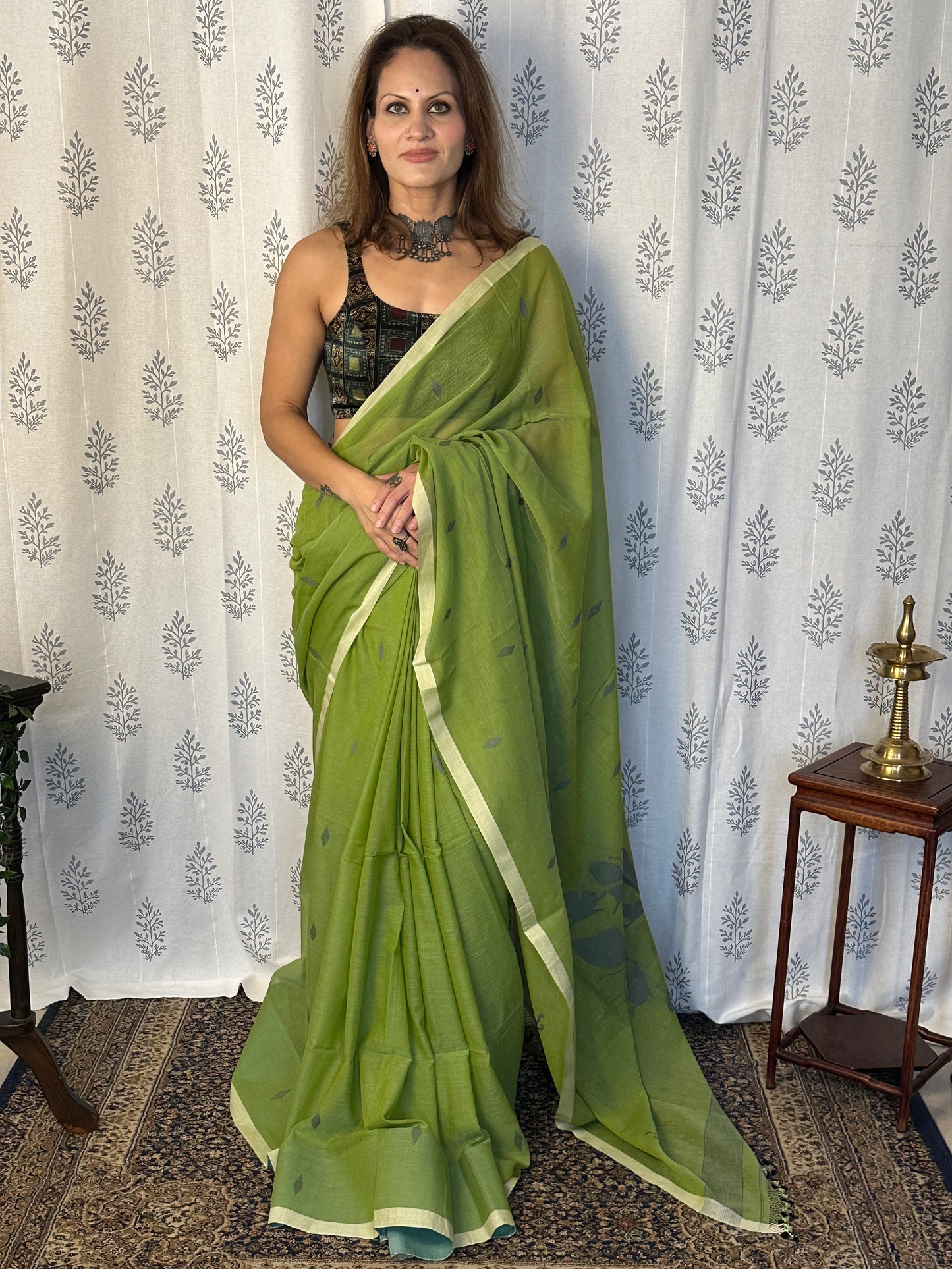 Green Hand Spun Pure Fine Cotton Jamdani Sari with Grey Woven Butterflies