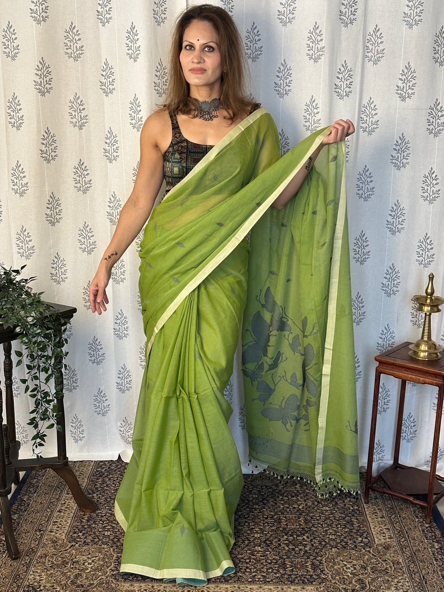 Green Hand Spun Pure Fine Cotton Jamdani Sari with Grey Woven Butterflies