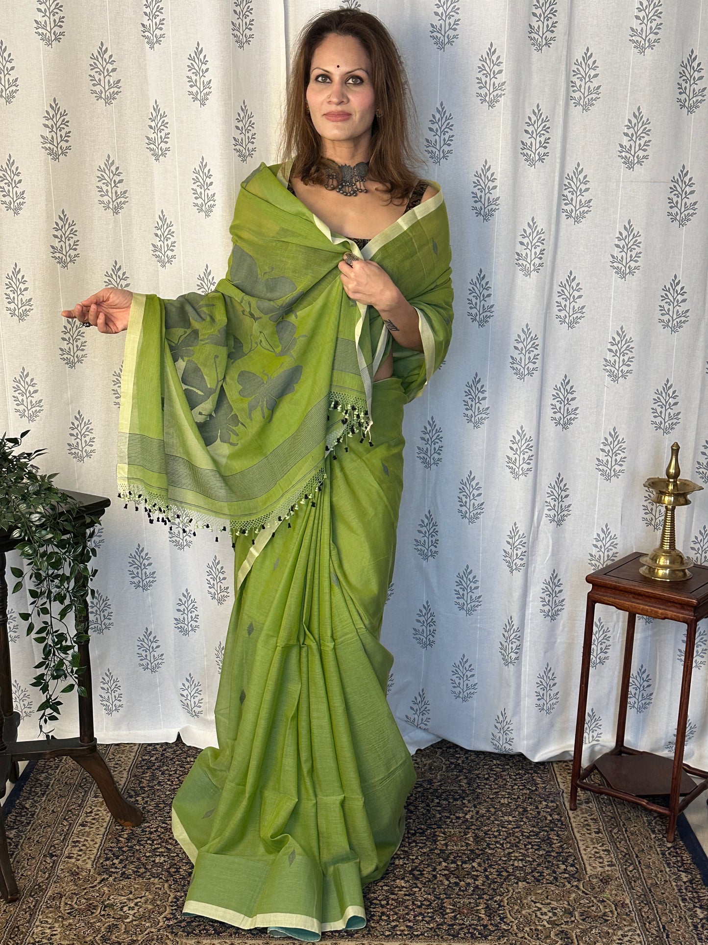 Green Hand Spun Pure Fine Cotton Jamdani Sari with Grey Woven Butterflies