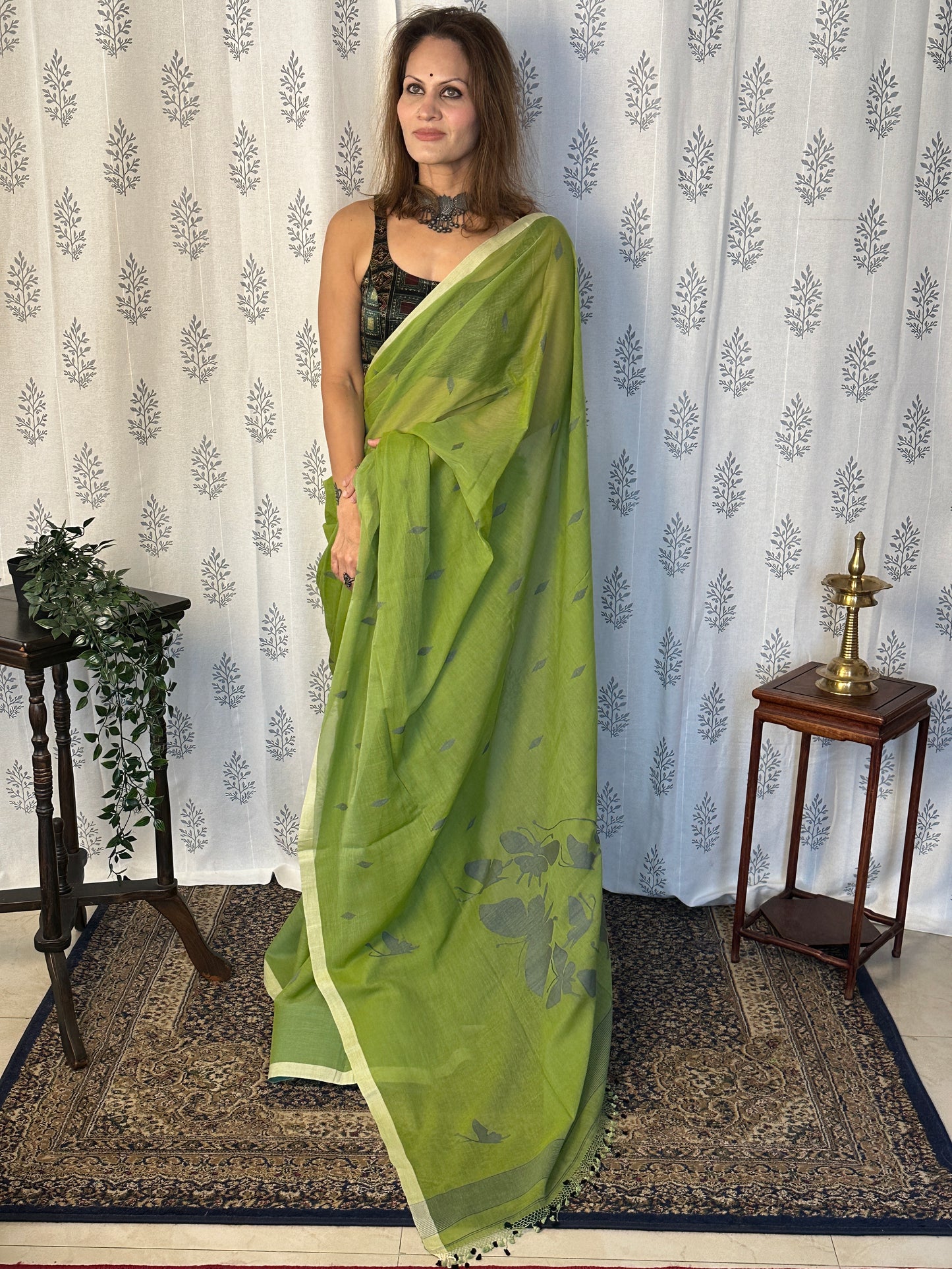 Green Hand Spun Pure Fine Cotton Jamdani Sari with Grey Woven Butterflies